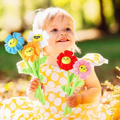 Miniatura 4 de 18 Piezas de Flores de Peluche Sonrientes Rellenas con Tallos Doblables, Juguete de Ramo de Peluche Suave Floral de 12.6 Pulgadas para Graduación