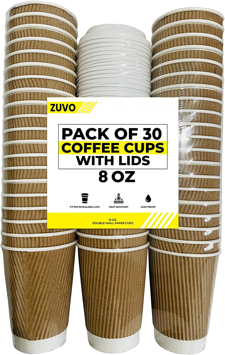 Ripple Takeaway Paper Coffee Cups with Lids [30 Cups - 8 OZ] Best for Hot Drinks, Brown