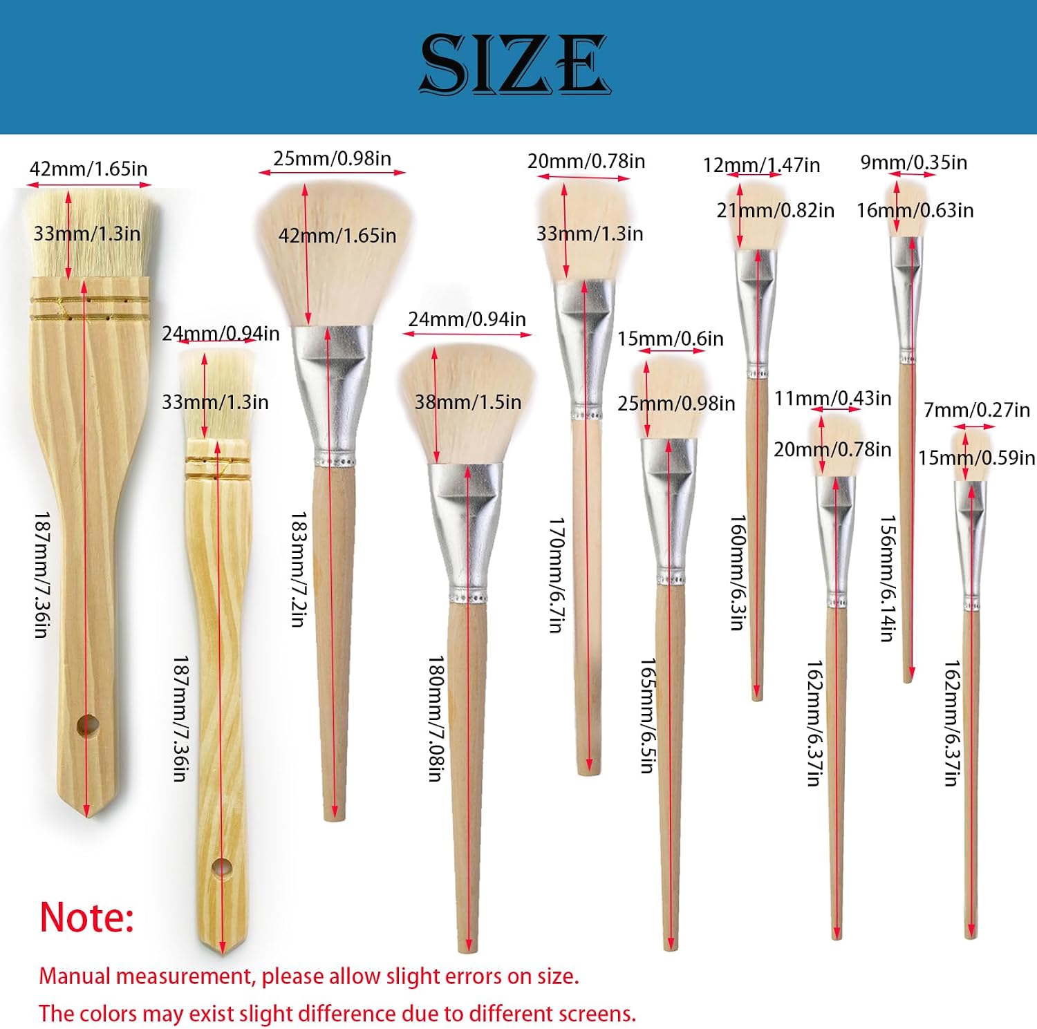10 PCS Assorted Size Paint Brush Gilding Brush Gold Leaf Goat Hair Duster Flat Hake Brush Sweep Mops for Watercolor, Wash, Ceramic Pottery Painting, Metallic Foil Flakes Art Crafts Supplies