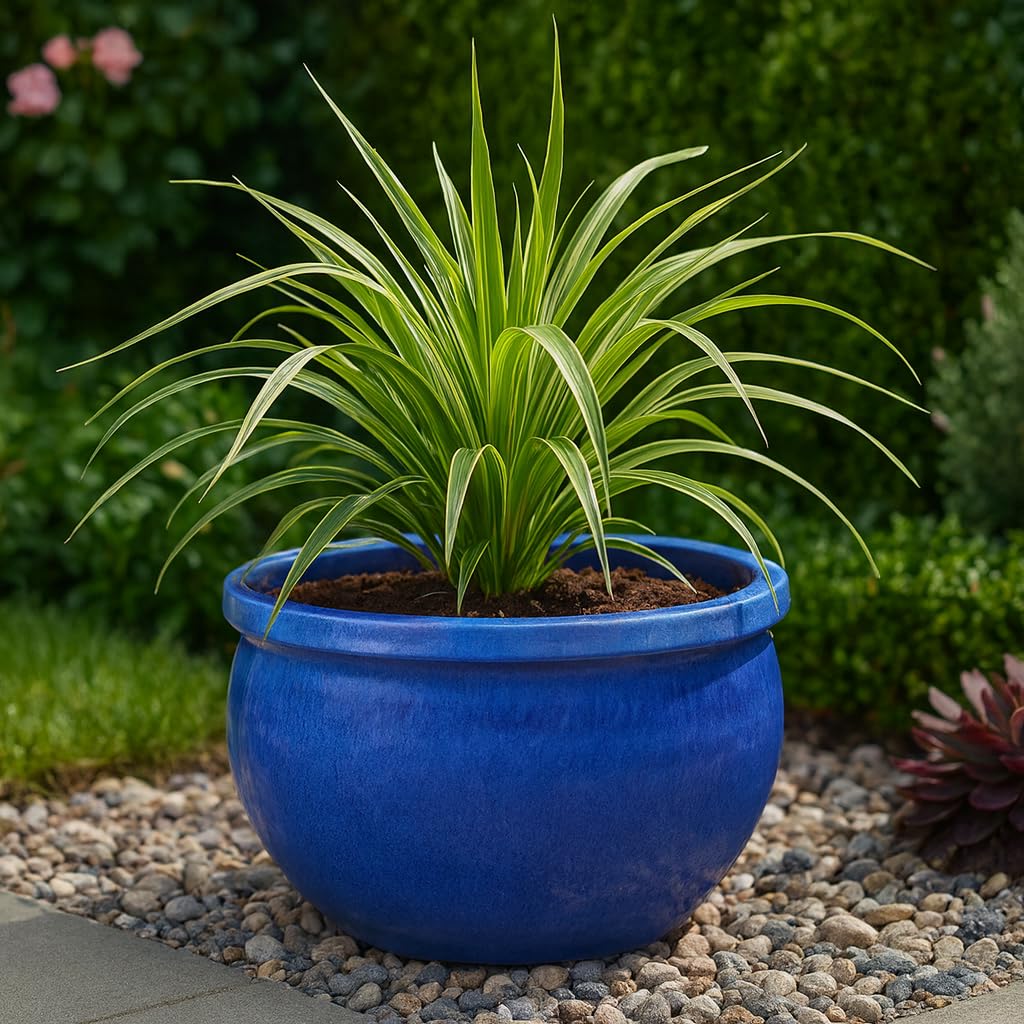 Steinzeug-Blumentopf/Pflanzkübel Bamboo Blau 28x18cm frostfest
