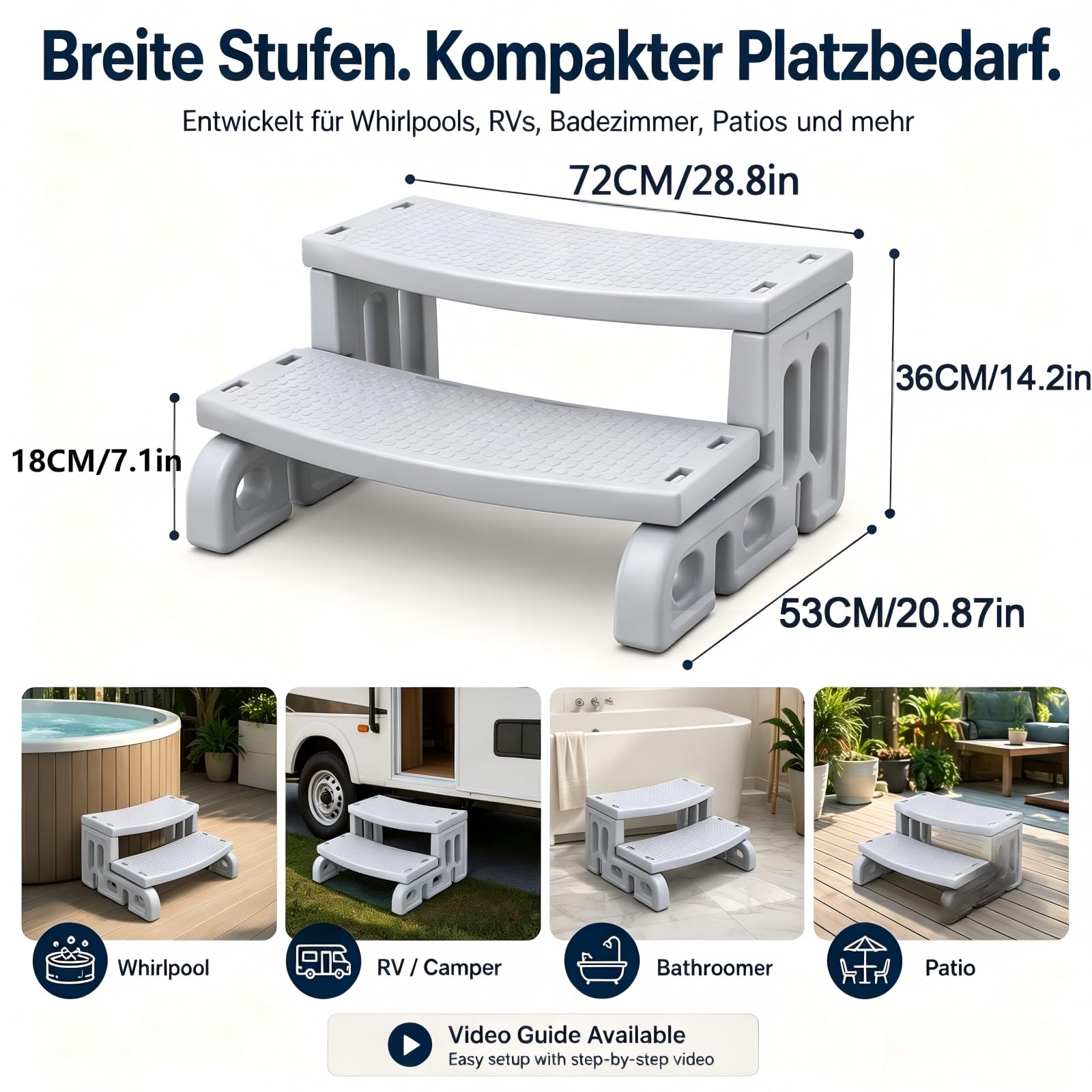 Whirlpool Treppe, 2 Stufen rutschfeste tragbare Universal Whirlpool Treppe aus Kunststoff für den Außenbereich, geeignet für Badewanne, Whirlpool, Wohnwagen, Wohnmobil, Terrasse