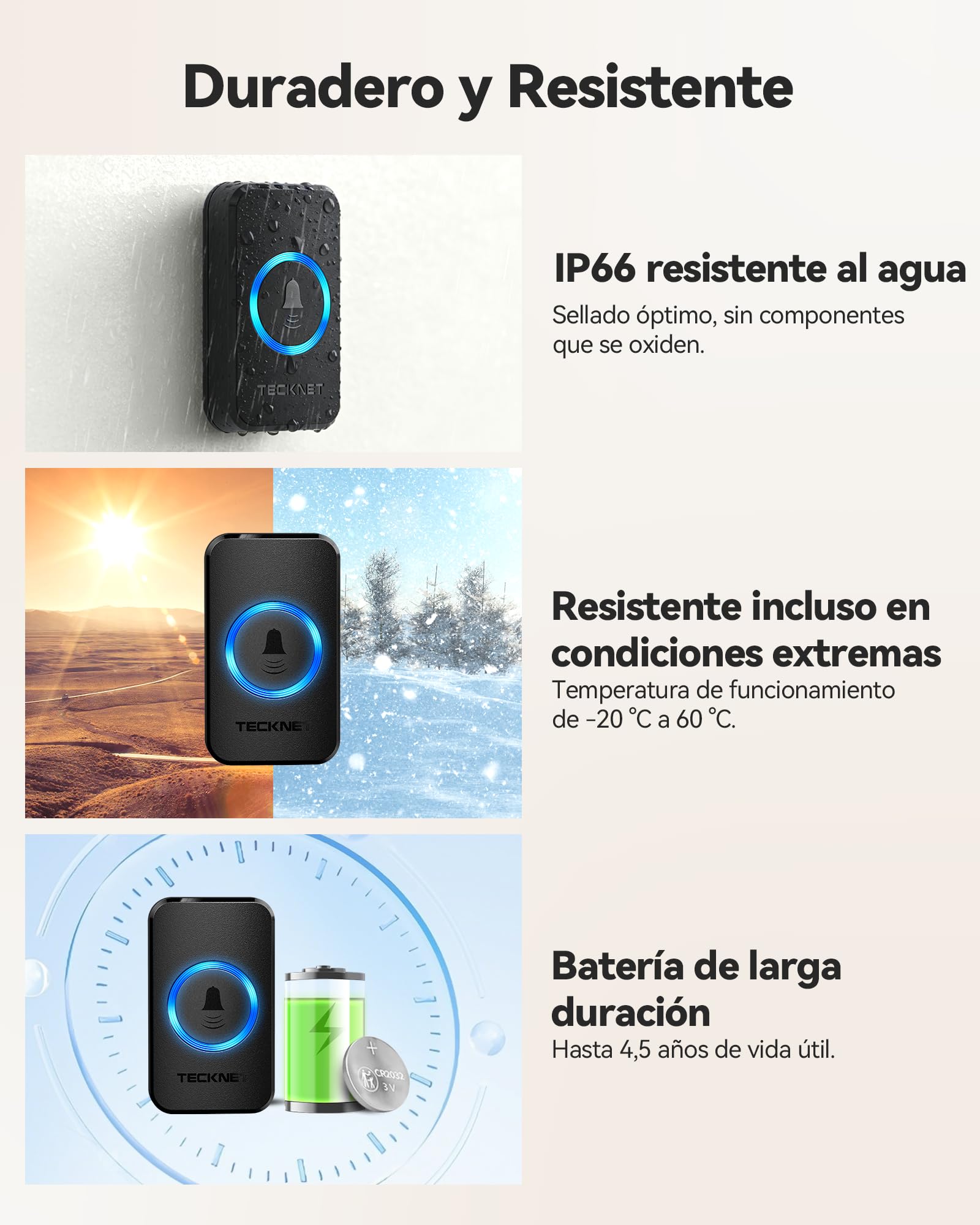 TECKNET Timbre inalámbrico con batería, mini timbre inalámbrico de 400 m, IP65, resistente al agua, juego de timbre inalámbrico para exteriores, 5 niveles de volumen, timbre de puerta y 60 melodías