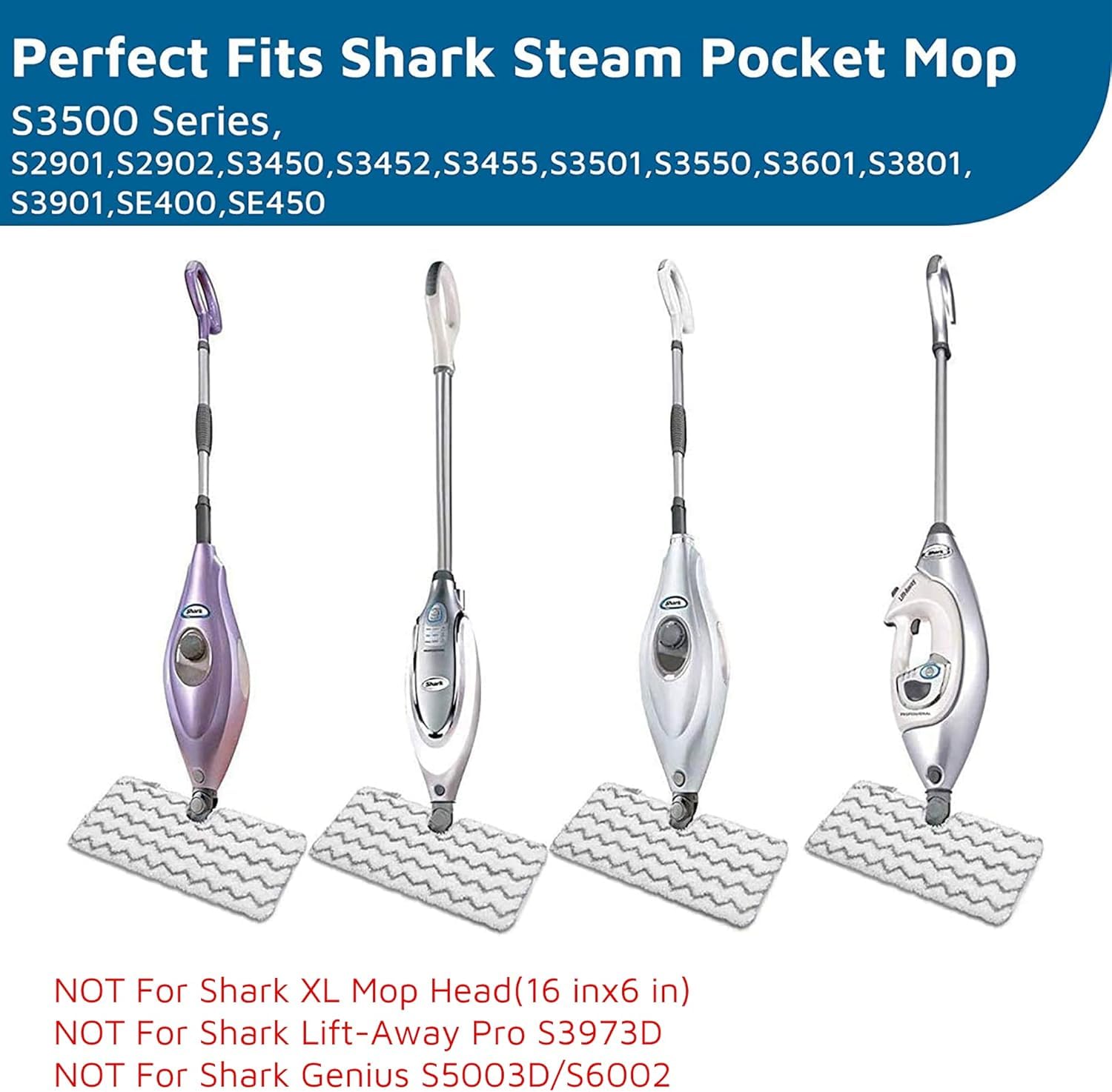 4 paquetes de almohadillas de repuesto para fregona de vapor con tiras de fregona Shark Steam Pocket Mop S3500 S3501 S3601 S3550 S3901 S3801 Almohadillas de vapor de microfibra lavables