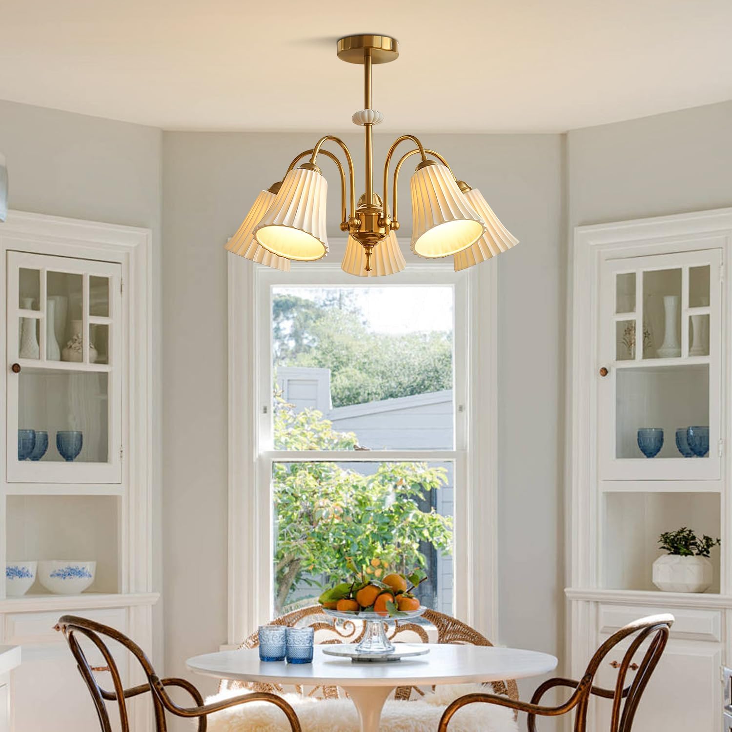 5 Light Mid Century Modern Chandelier Fixture with White Ceramics Shade Brass Large Sputnik Chandelier Vintage Semi Flush Mount Chandelier for Hallway Bedroom