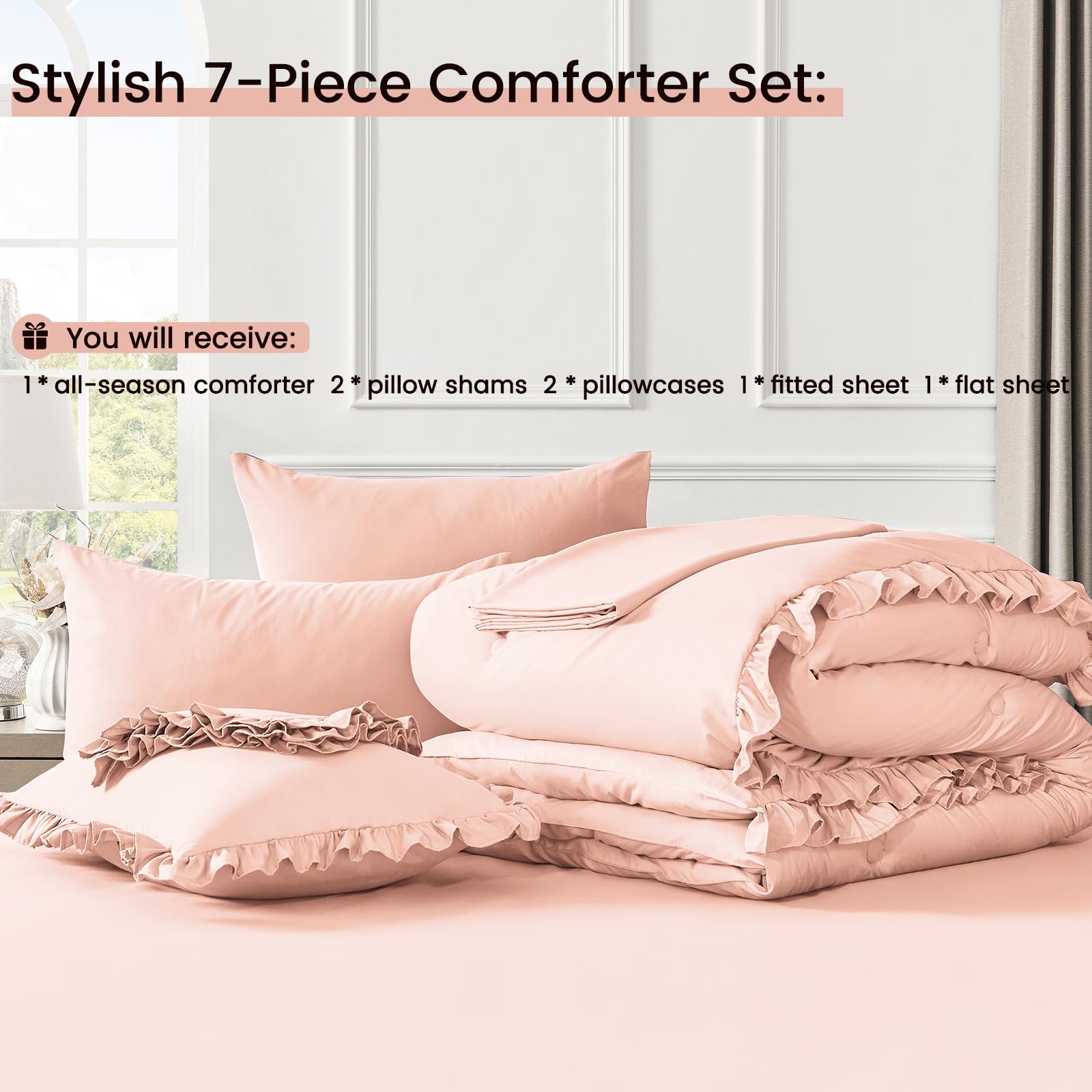 QUIETSEA Queen Bed in a Bag 7 Pieces Comforter Set Queen, Ruffle Bedding Comforter Set Pink Bed Set with Comforter, Pillowcases, Flat Sheet, Fitted Sheet and Pillow Shams