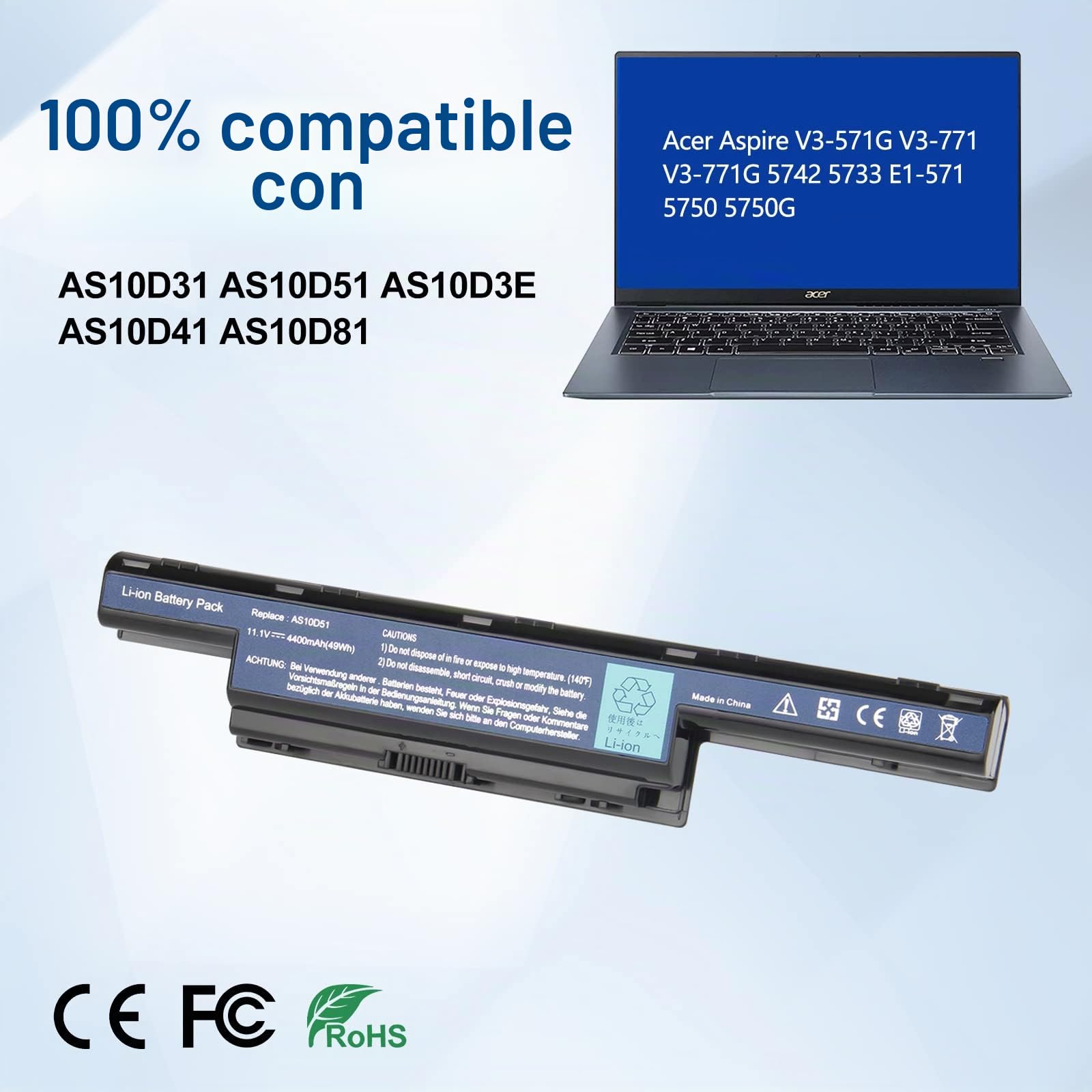Exmate AS10D31 AS10D51 AS10D3E AS10D41 AS10D75 AS10D81 Bateria de Laptop para Acer Aspire V3-571G V3-771 V3-771G 5742 5733 E1-571 5750 5750G 5742G 5755G 7750G 7551 5740 V3-571 4741 (10.8V 4400mAh)