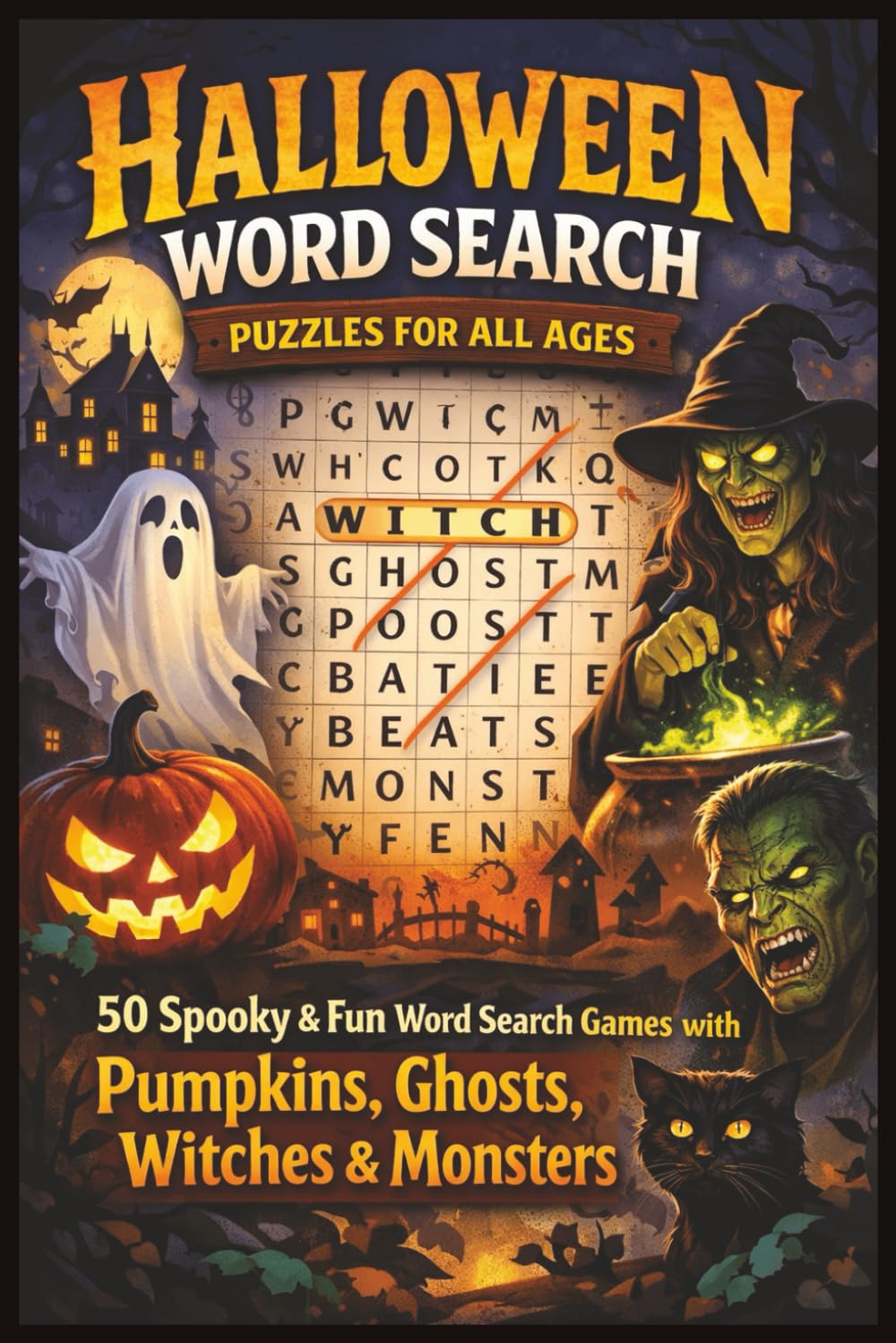 Halloween Word Search Puzzles for All Ages: 50 Spooky & Fun Word Search Games with Pumpkins, Ghosts, Witches & Monsters (Word search books collection)