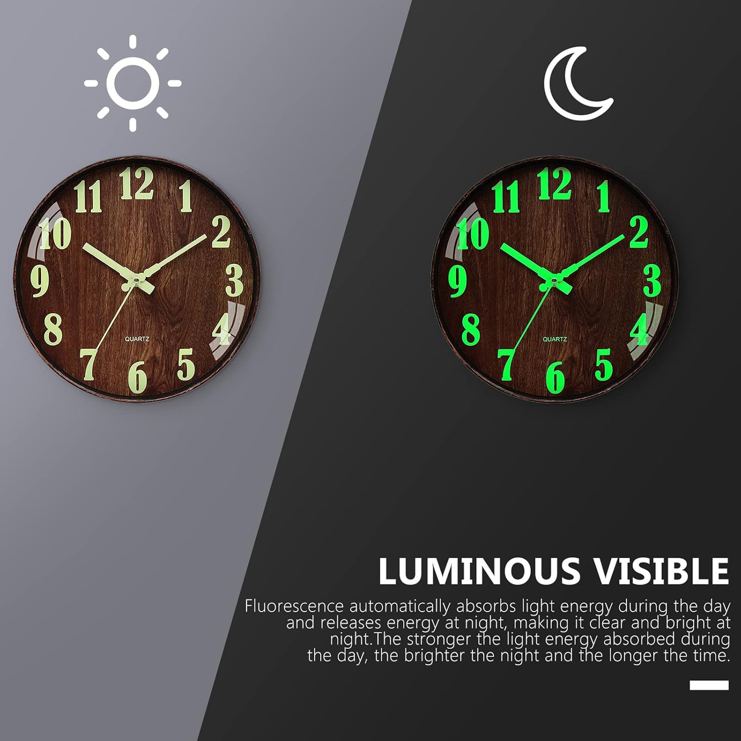 Brmeday Modern Night Light Wall Clock, 12 Inch Silent Non-Ticking Quartz Wall Clocks, Large Luminous Numbers and Hands, Battery Powered Clock Decor for Living Room Bedroom Kitchen Office