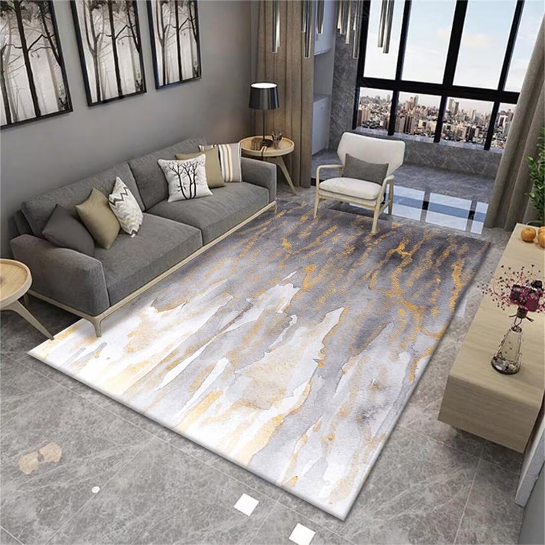 Tapis de décoration pour la maison résistant et grand format gris et jaune moderne