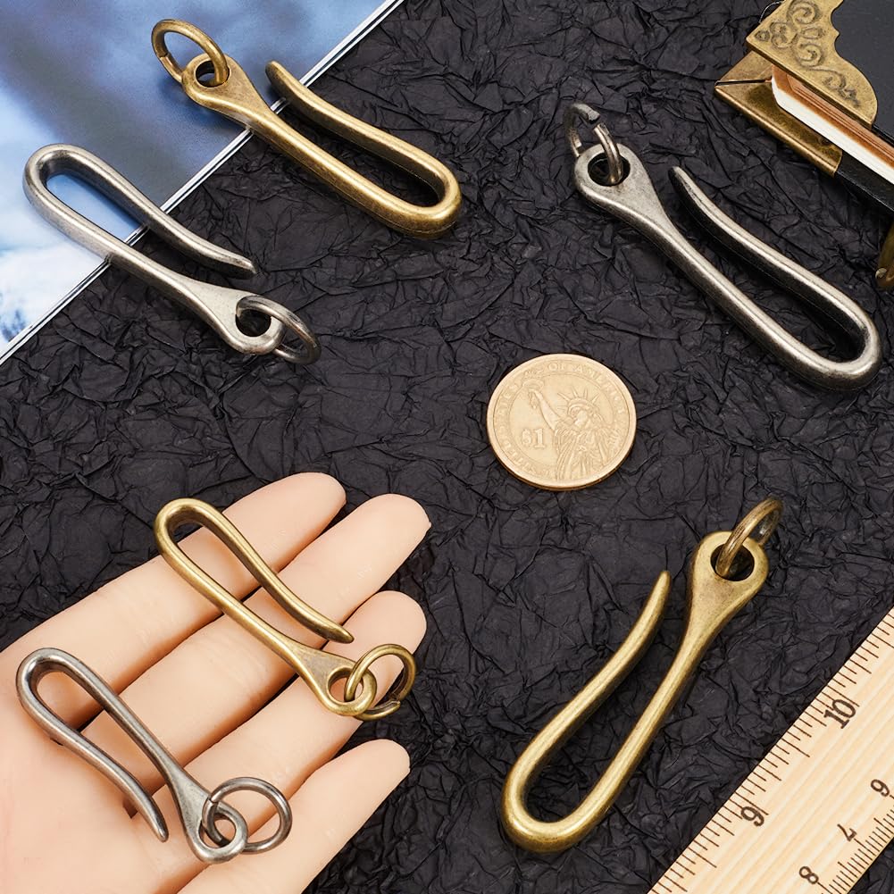 Set Di 3 Portachiavi Joyzol In Ottone Massiccio A Forma Di Gancio Da Pesca. Include 4 Anelli Portachiavi. Ideale EDC Per Cintura, Borsa O Zaino. Tre Misure.