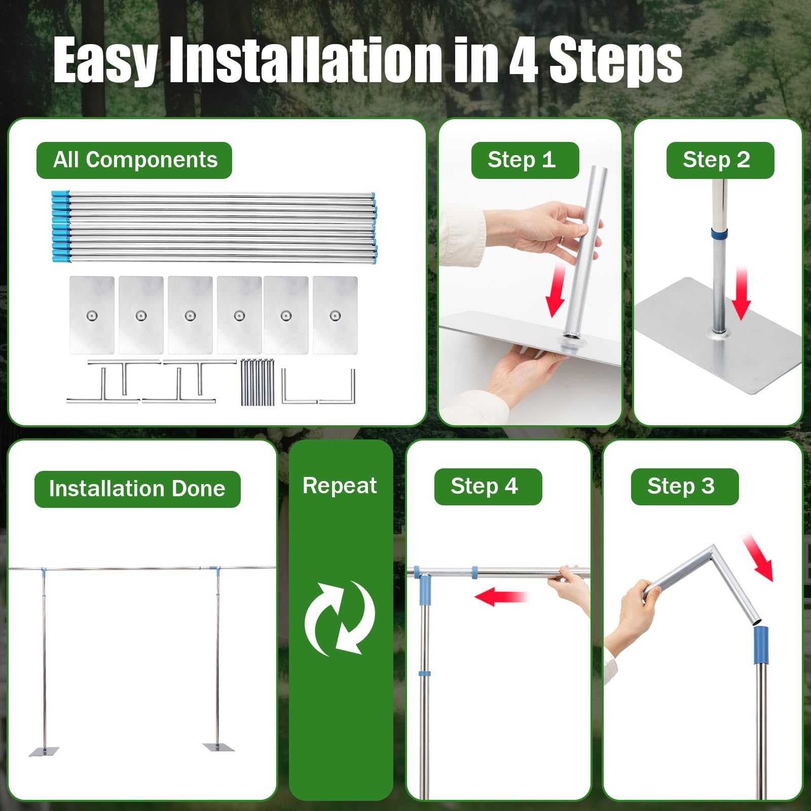 Backdrop Stand Pipe Kit, 10'x50' Portable Background Support System Curtain Frame Telescopic Adjustable Background Metal Frame with 6 Steel Base for Wedding Birthday Party Banquet Decorations