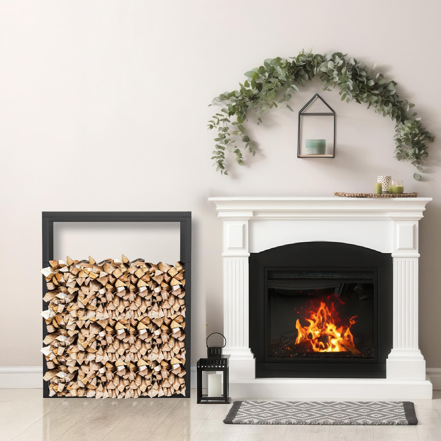Étagère à Bois De Cheminée Ikodm Intérieur/Extérieur - Support Métal 37x33x74 Cm + Kit Accessoires Cheminée (Pince, Pelle, Balai, Crochet)
