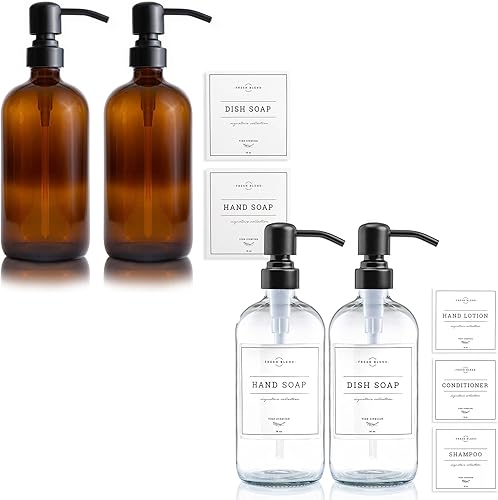 Vine Creations Dispensador de jabón de vidrio ámbar, paquete de 2, botellas gruesas de 16 onzas, bomba de acero inoxidable (negro mate) +