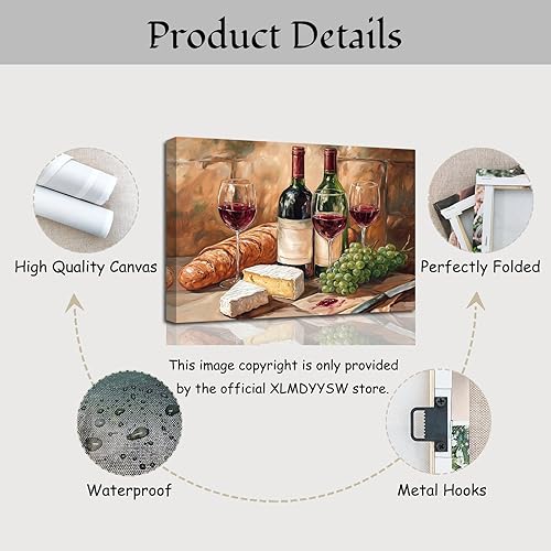 Miniatura 6 de XLMDYYSW Arte de pared vintage para cocina, imagen rústica de vino tinto y uva, pintura de queso de granja, botella de vino, impresiones en lienzo