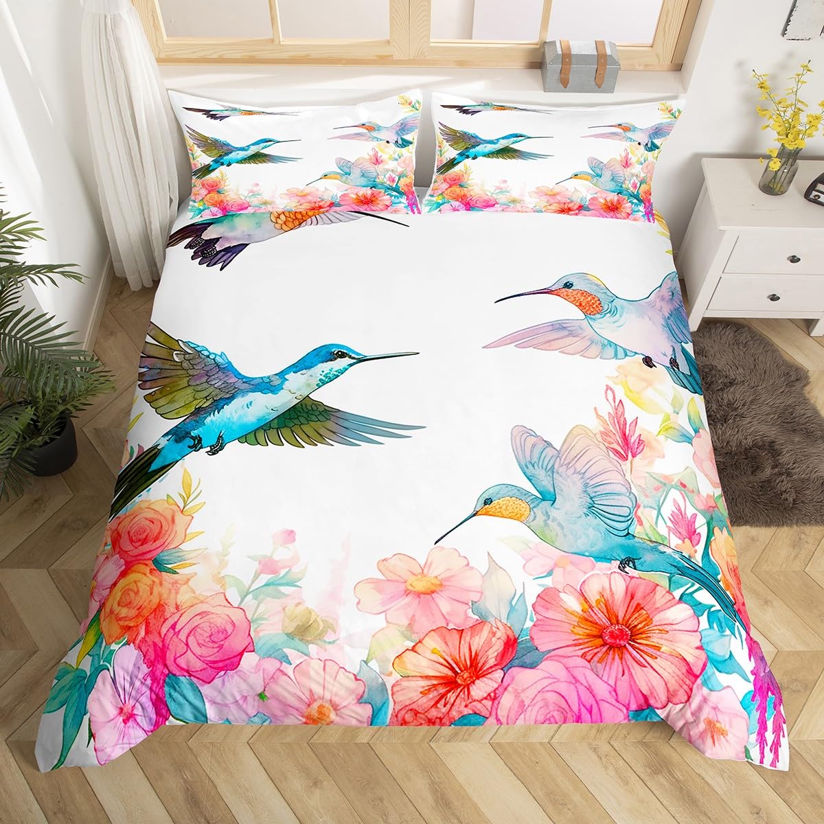 Homemissing Multicolored 13230 Hummingbird Duvet Cover Tropical Birds Bedding Set For Kids Hummingbird Flowers Bedding Ultra Soft Decor Farmhouse Garden Bedspread Cover Double Size Zipper