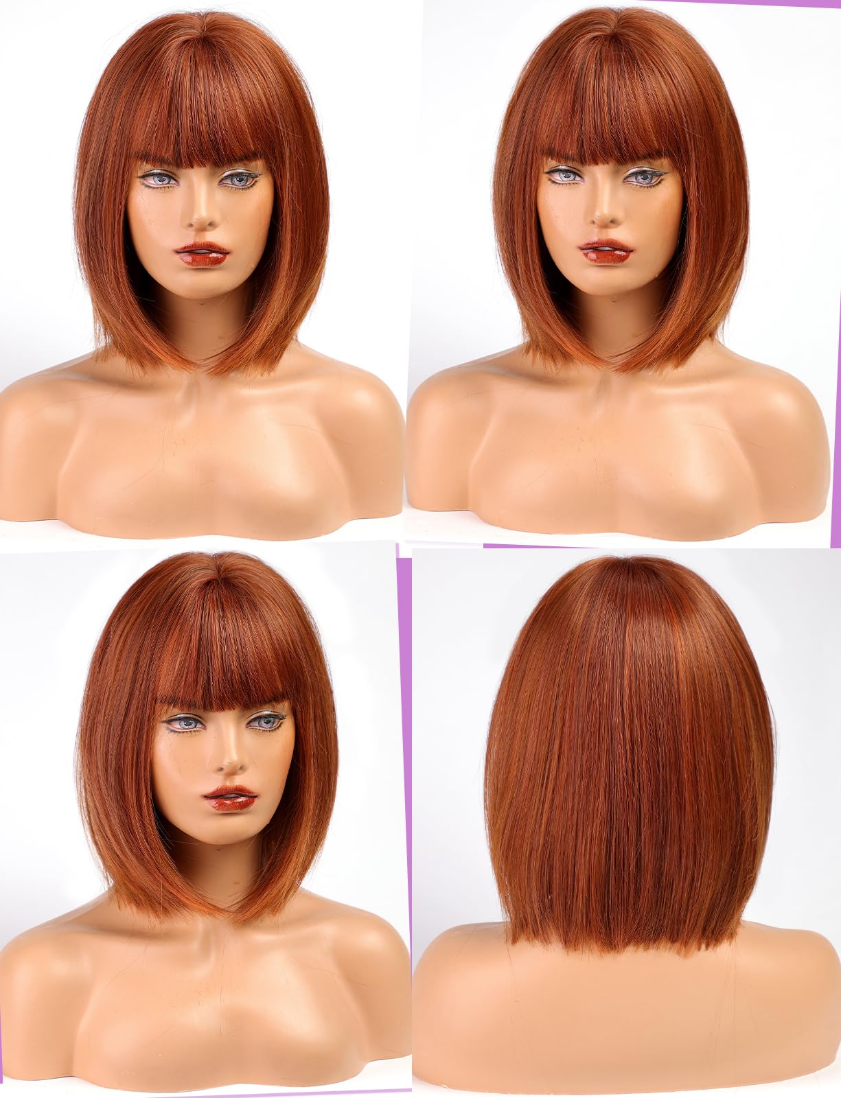 Workstar Auburn bob Wigs for Women Synthetic Wig with Fringe, 22 pollici - Image 4