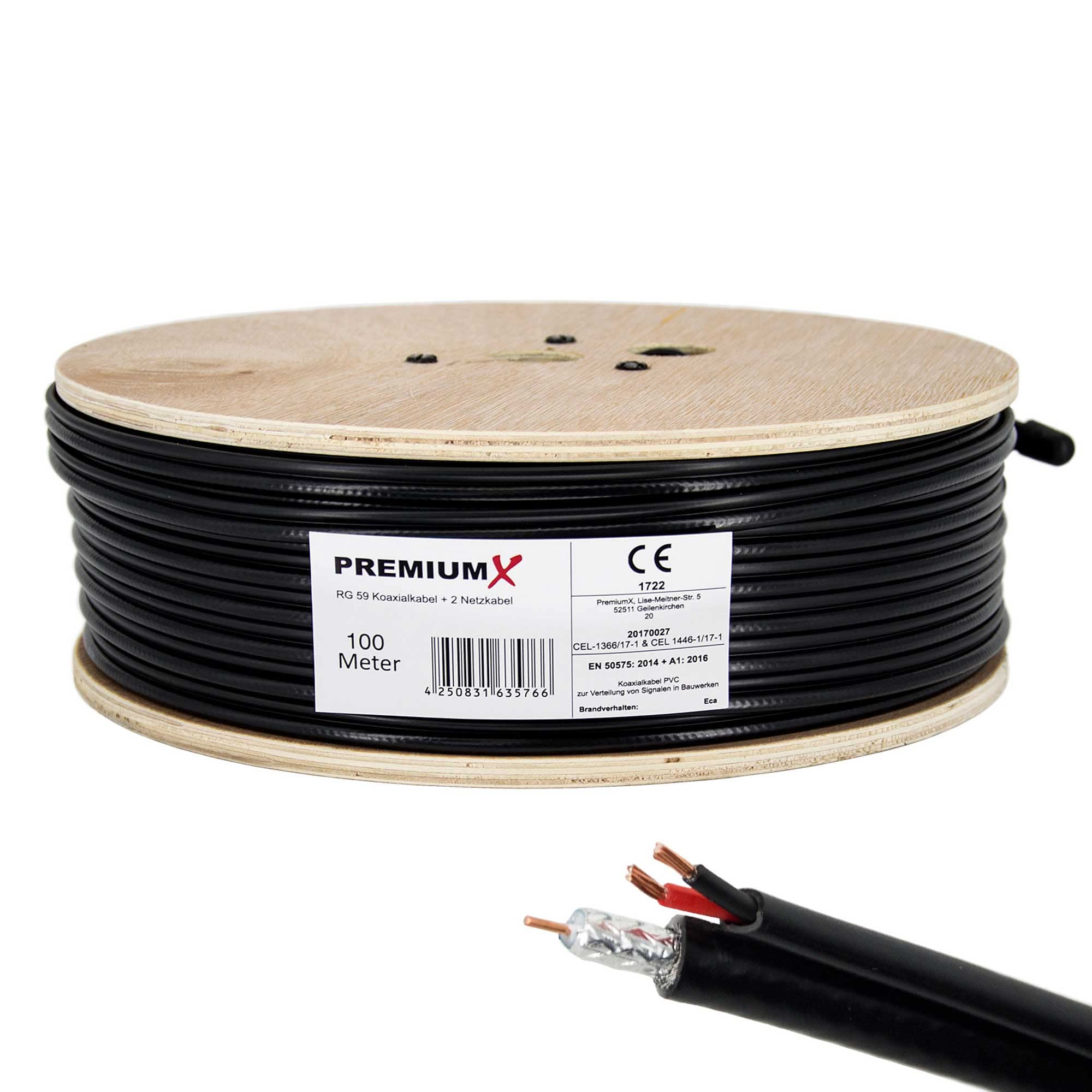 PremiumX 100 m RG59 kabel koncentryczny + 2 kable sieciowe Eca obraz wideo i zasilanie kombi kabel koncentryczny / prąd wideo do monitoringu wideo kamera monitoringu