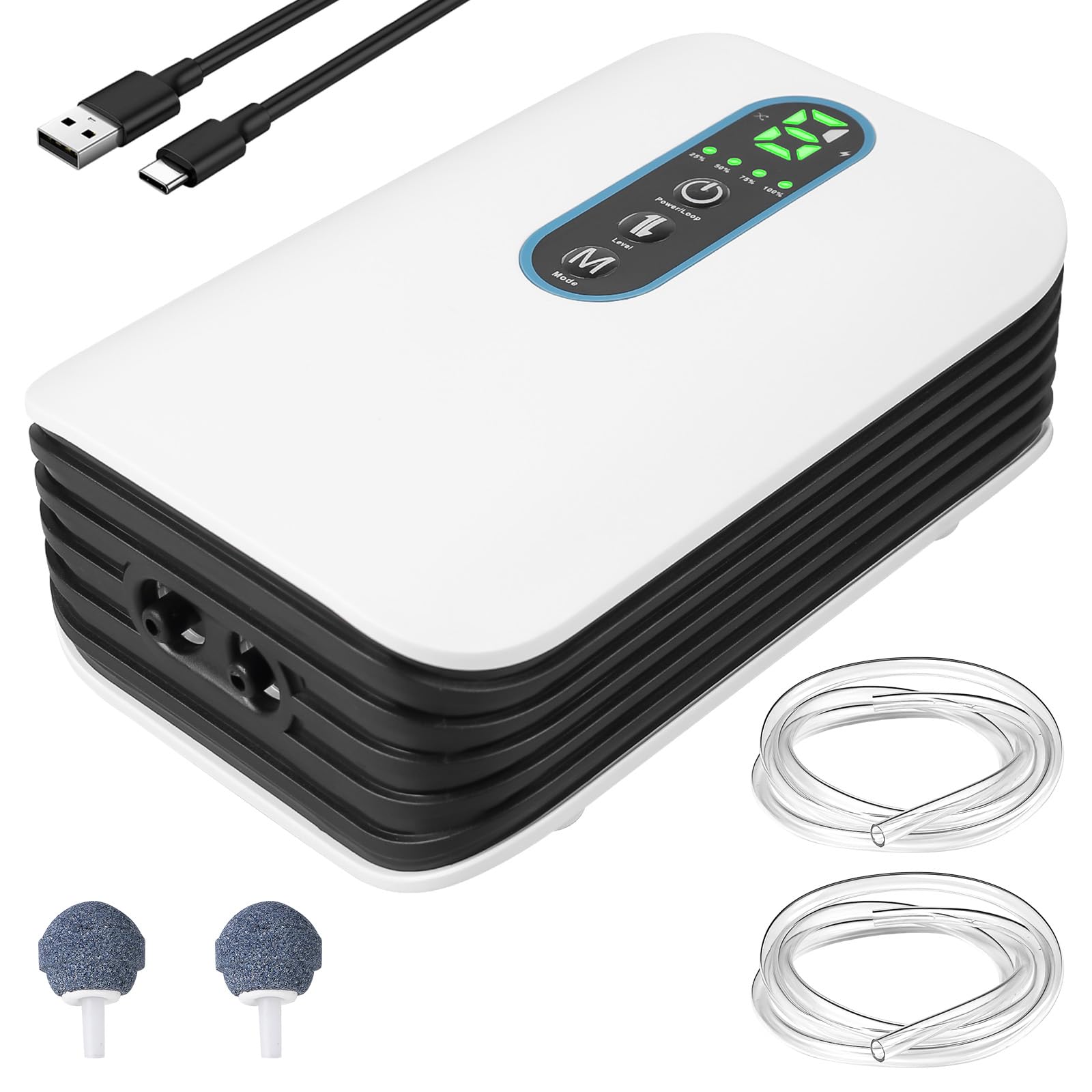 Aquarium Luftpumpe, Sauerstoffpumpe 4800mAh Akku, Doppel Auslass(5L/min), 6-Stufig Einstellbarer Luftstrom, Ultra-leise USB Aquarium pumpe für Aquarien, Gartenteiche Angeln Stromausfälle