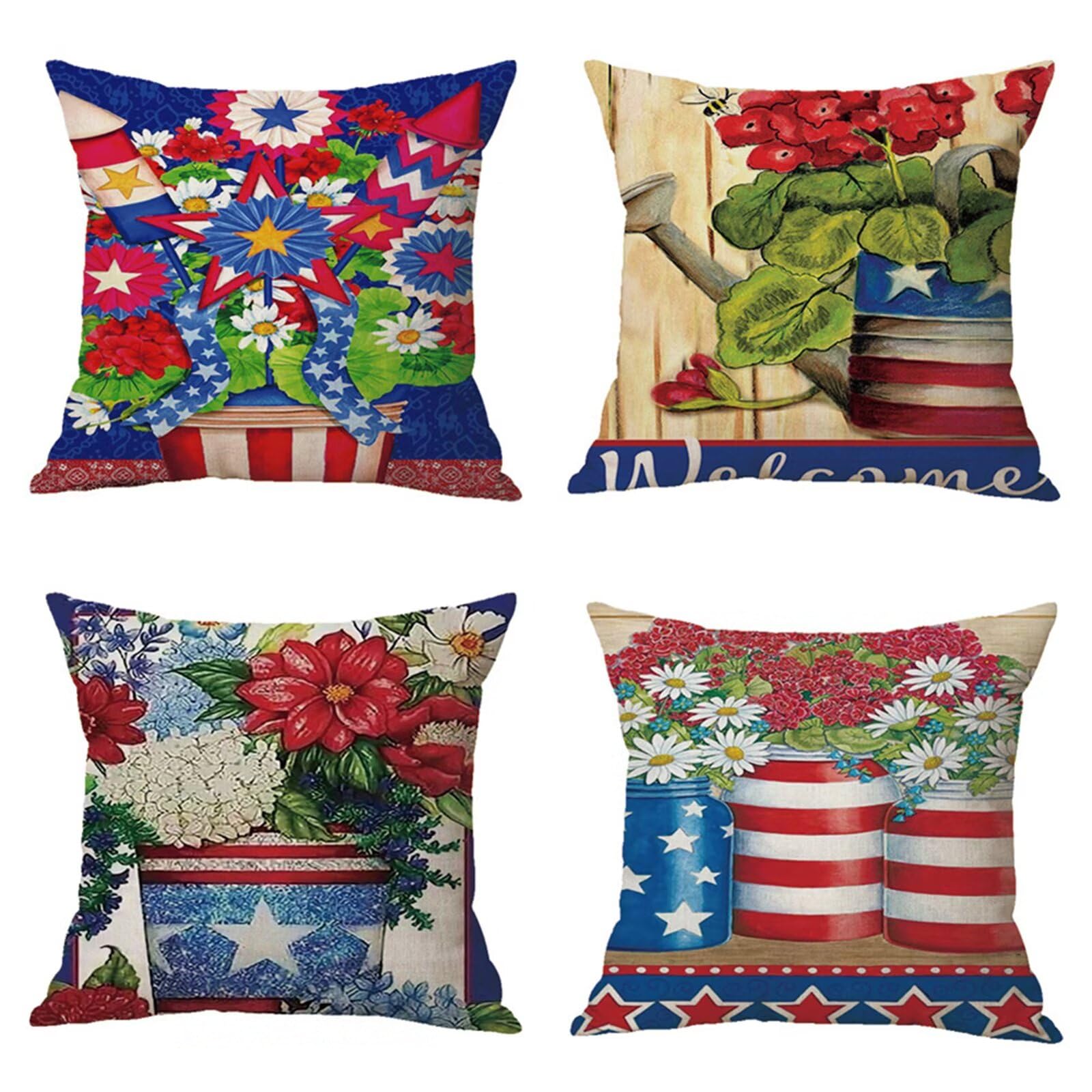 Juego de 4 Impermeable Funda de Cojín Hermosas Flores,45x45cm Moderno Suave Transpirables Lino Fundas de Almohada Cojines Decorativos con Cremallera Oculta para Exterior Sofá Cama Coche Hogar