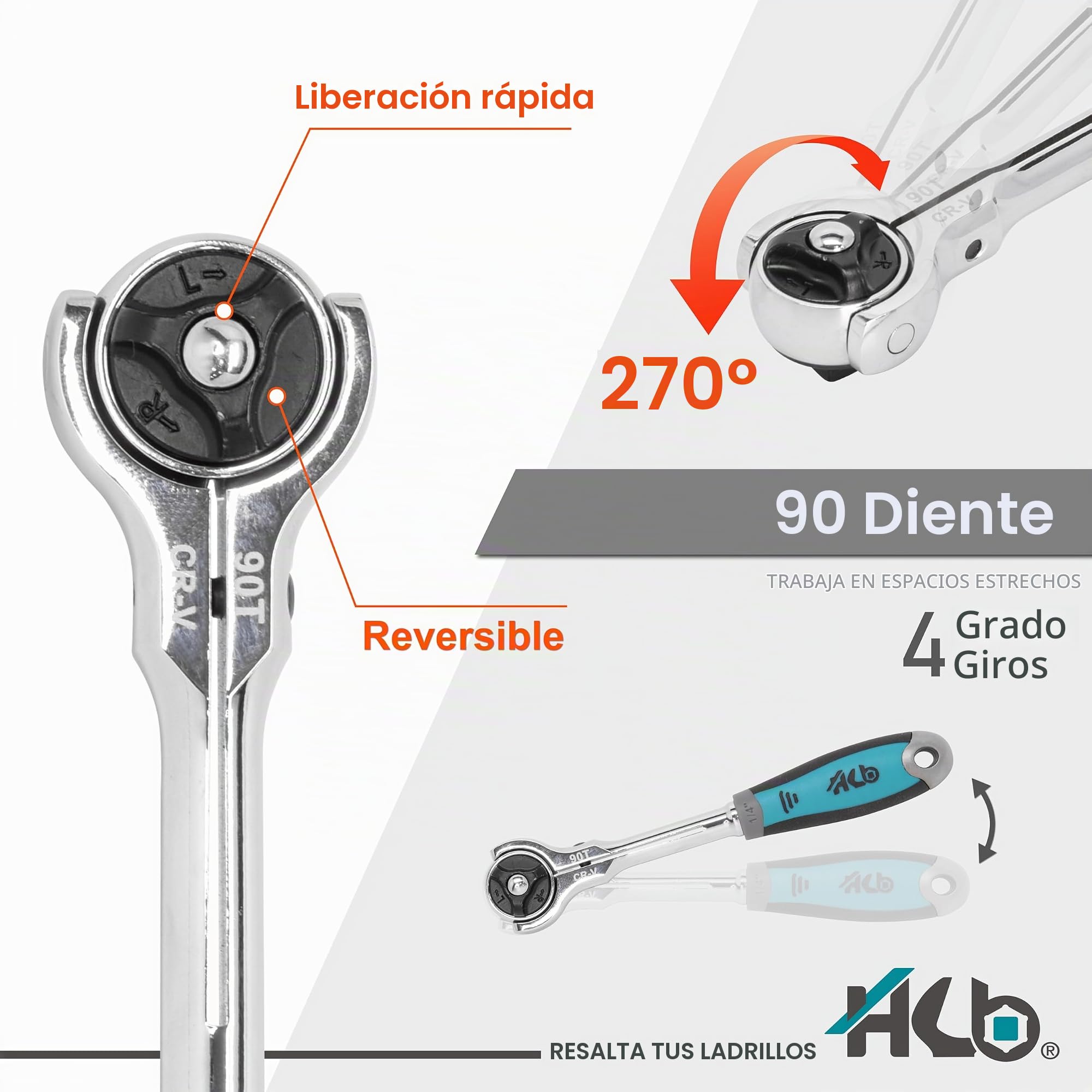 HB AKM024-G Juego Carraca Cabeza Giratoria 90 Dientes 44 Piezas 1/4" CR-V & S2 | Llaves de Vaso y Bits Profesionales Mecánico Automoción Taller Bricolaje | Maletín Portátil – Hecho en Taiwán