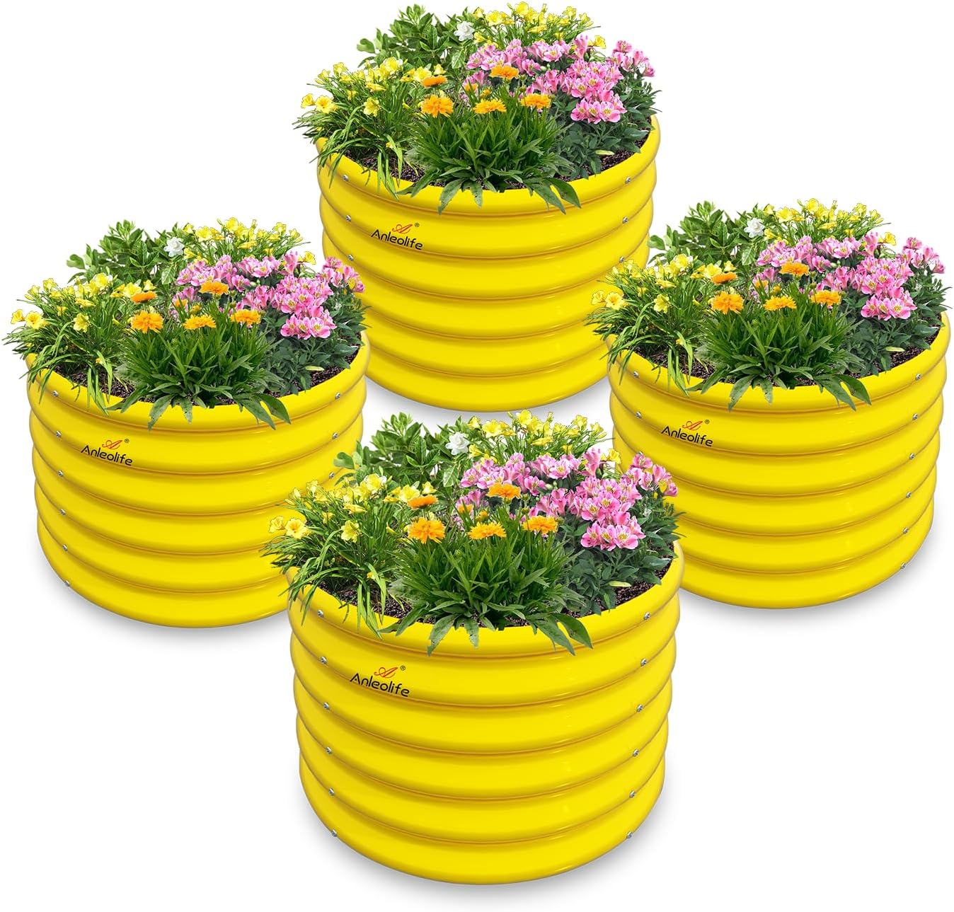 A ANLEOLIFE Kids Mini Raised Garden Beds Outdoor (4-Pack)-24x24x18in Round Galvanized Metal Planter Box for Planting Vegetables, Flowers, Fruits, Eco-Safe & Easy Setup, Sunlit Gold
