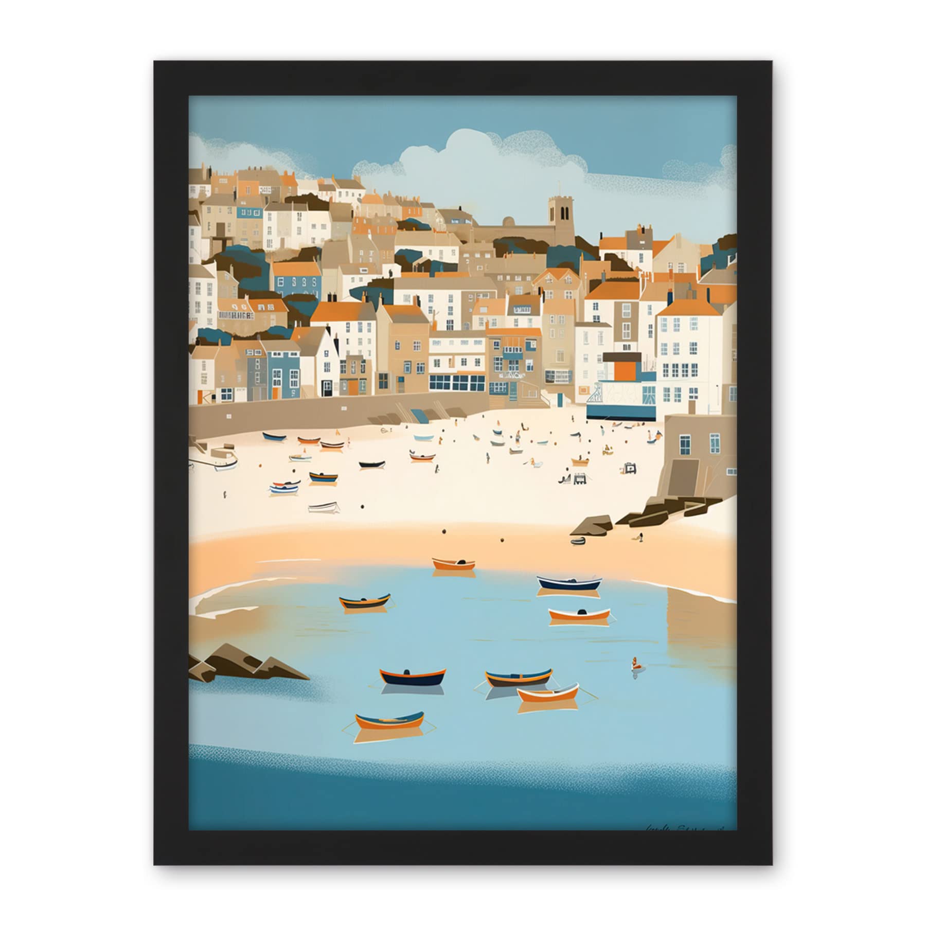 Artery8 Small Boats in St Ives Bay Coastal Cityscape Artwork Framed Wall Art Print 18X24 Inch