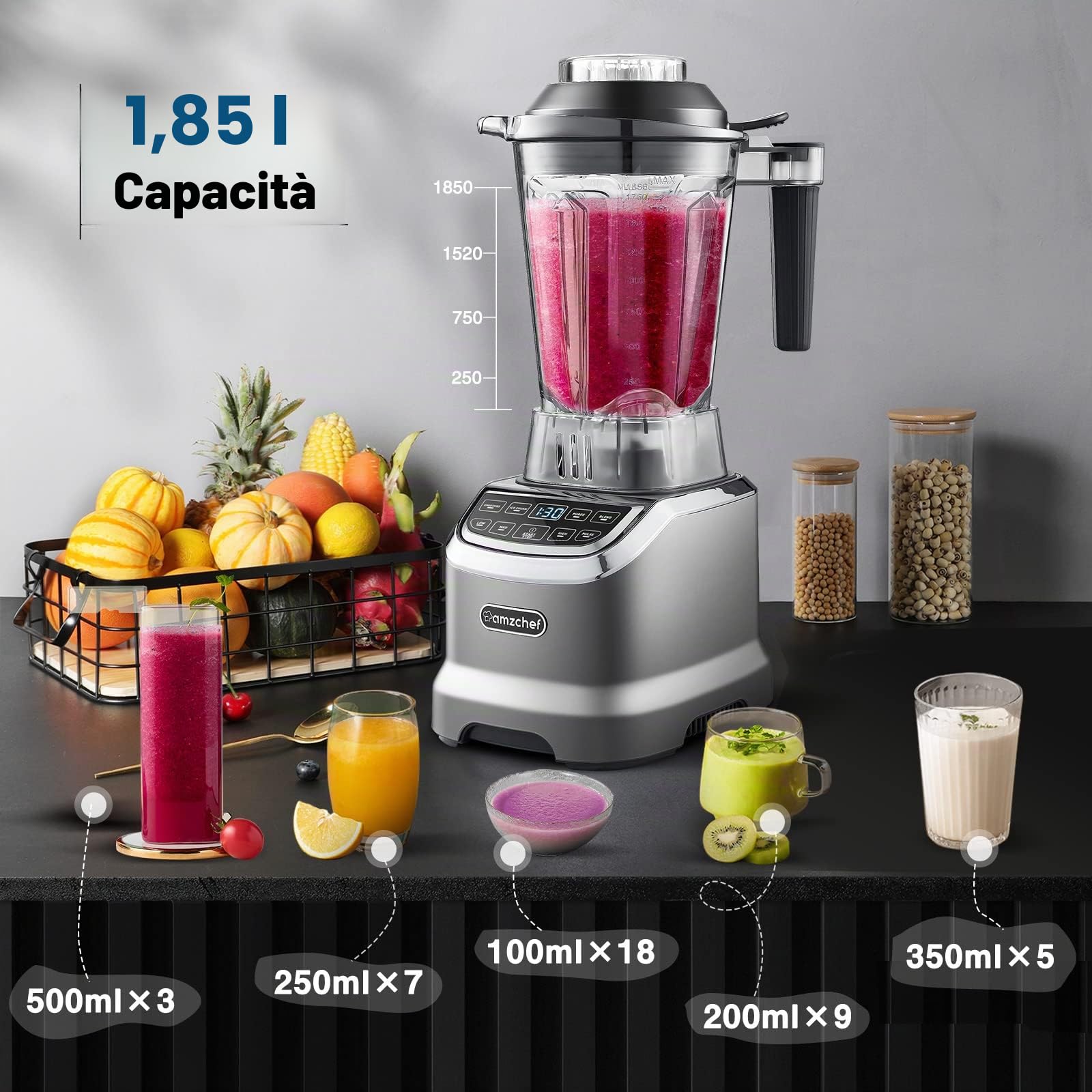 AMZCHEF 2-IN-1 Frullatore Professionale 2000W con Contenitore da 1850 ml e 600 ml per Due Modalità di Frullatura - 2000W Frullatore Tritatutto Multifunzione con Tamper e 6 Lame - Grigio Opaco