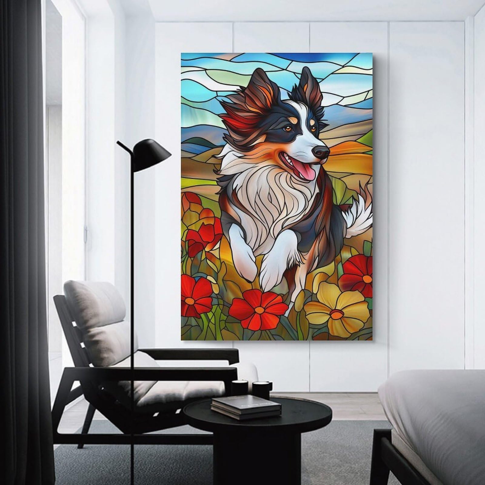 Junmoney Unframe-Style Stained Glass Border Collie Wall Picture Print, 24X36inch(60X90cm), For Art Walls, Layered Displays Or Homes, Home Wall Art For Statement Displays