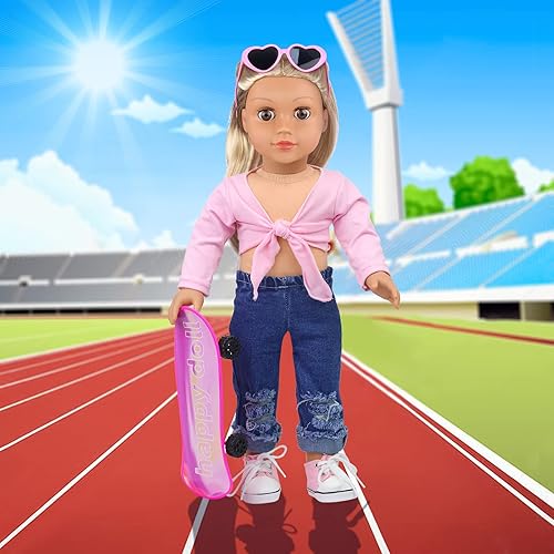 Vista 27 de ZITA ELEMENT Muñeca americana de 18 pulgadas, 14 piezas, accesorios de maquillaje con vestido para muñeca de generación, juego de belleza y ropa