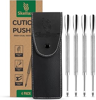 Skellax 4PCS Stainless Steel Double-Ended Cuticle Pushers - Sharp Curved Spoon for Manicure Pedicure Nail Cleaning, Salon Quality Tools