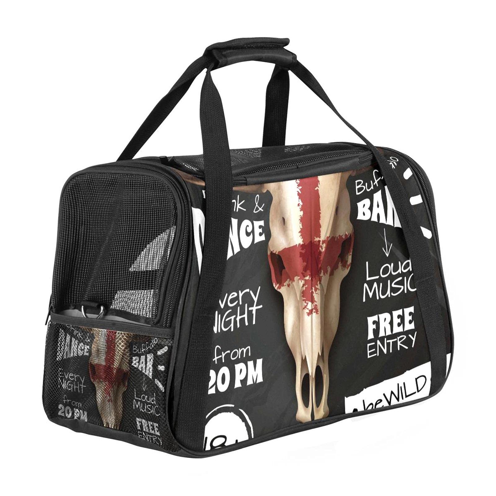 BennigiryCow Skull Retro Pet Carrier Purse By Car Bus Train Airplane Safety Travel Soft Sided Cat Dog Carrier with Removable Lamb Wood Mat Breathable Mesh Collapsible Portable