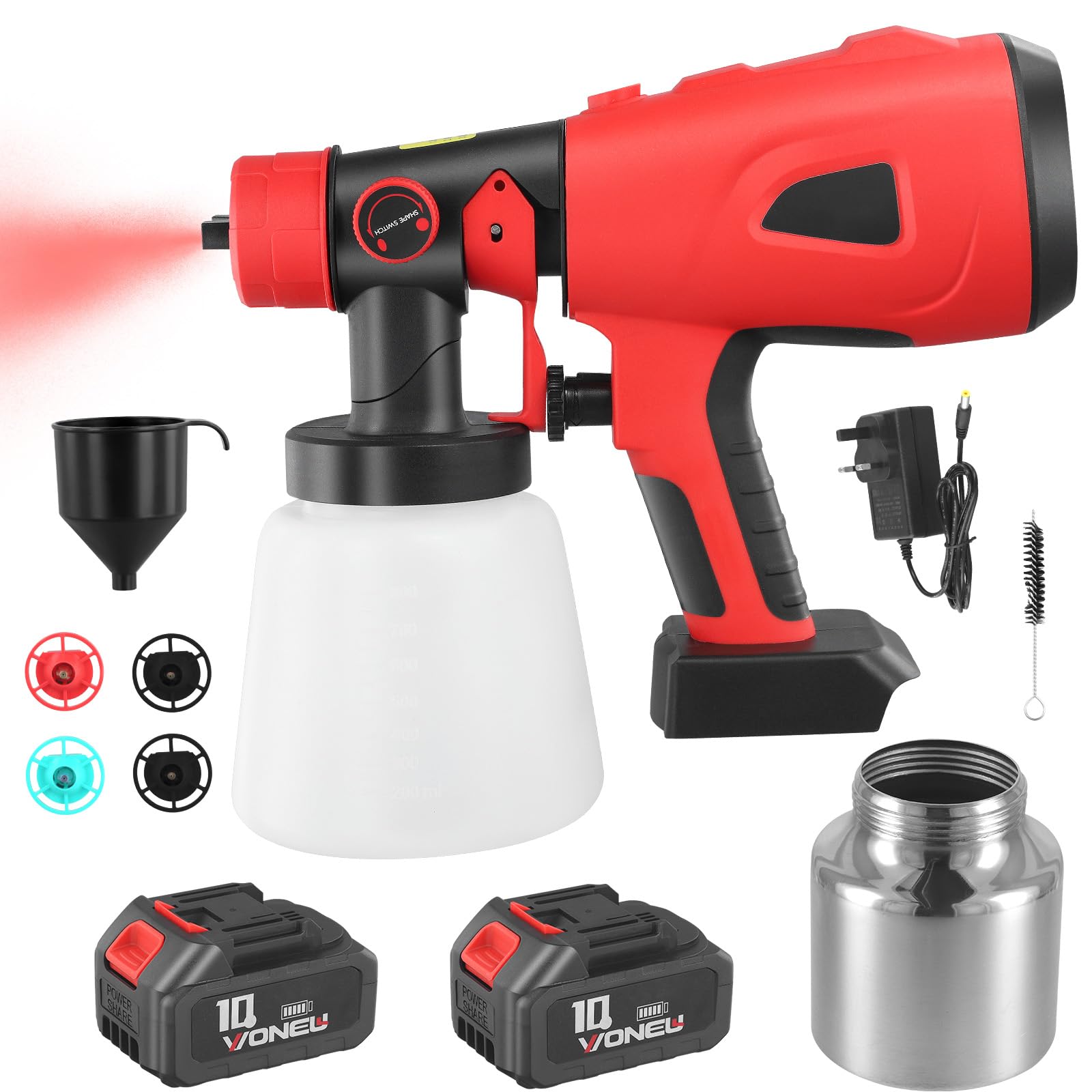 Sistema de pulverización de Pintura con 2 x 2600 mAh 21V Batería y Cargador, 850 W, 5 boquillas, 2 Recipiente de Pintura de 800 ml, 3 Patrones de pulverización, para Paredes, Techos, Vallas