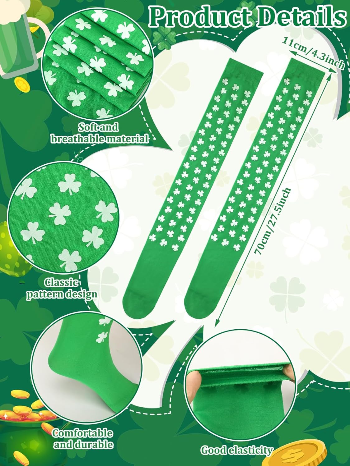 4 Pairs St. Patrick Day Socks Women Knee Thigh High Socks Polyester Long Thigh High Socks Shamrock Striped Socks Irish White and Green Stripe Socks for Costume Party - Image 4