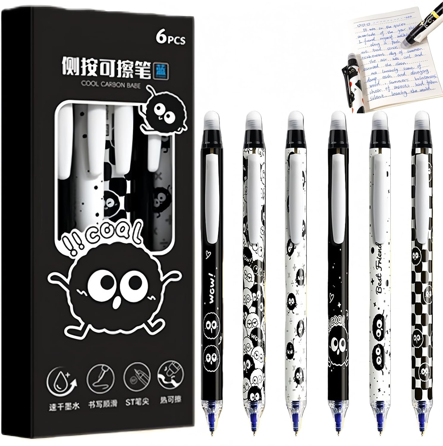 Cool Carbon Treasure Erasable Gel Pens,Cartoon Cool Carbon Treasure Ballpoint Pen Set,Blue Ink Retractable Erasable Ballpoint Pens with Soft Grip,Erasable Gel Pens,Cool Carbon Treasure Gifts