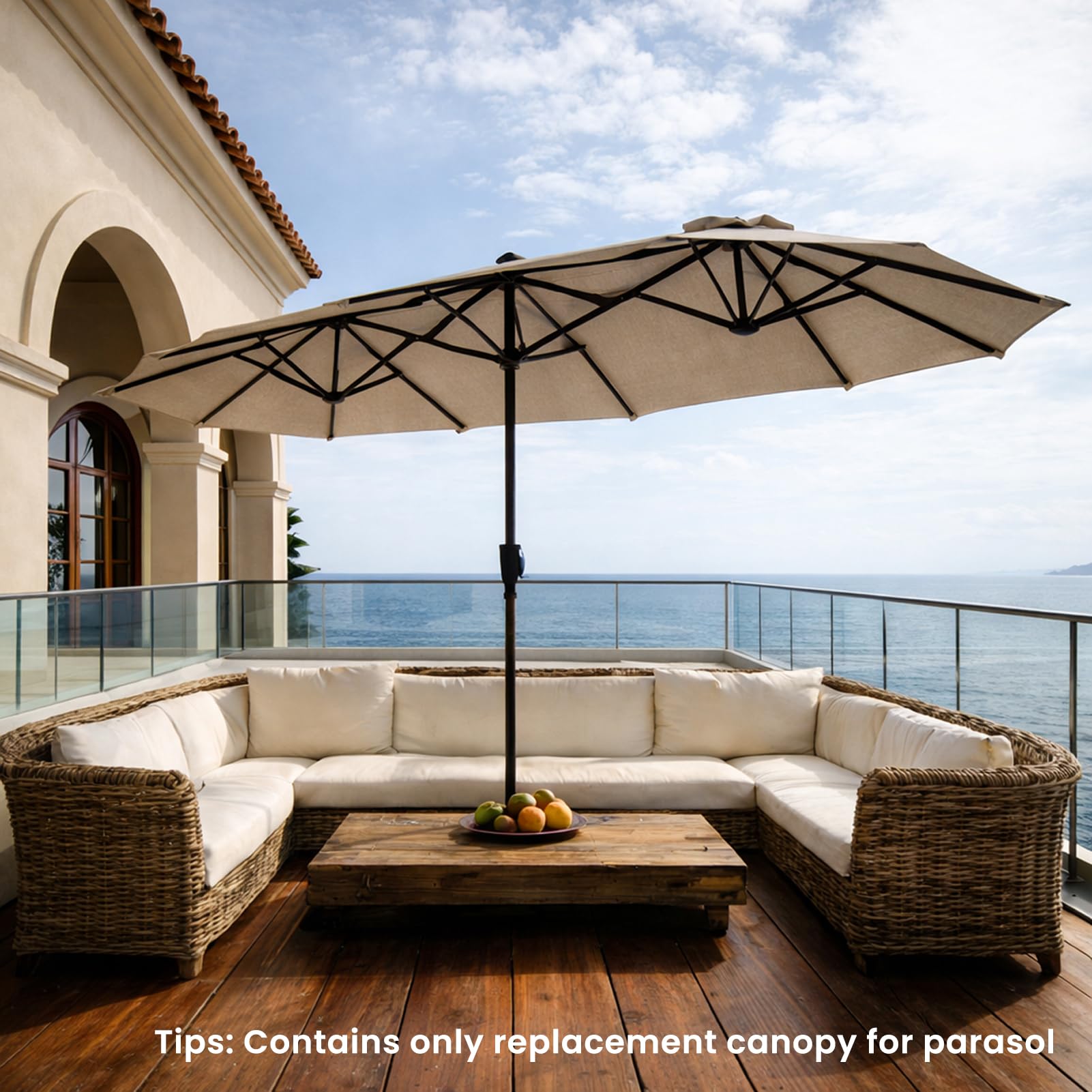 Doppelsonnenschirm Ersatzbezug 460x270 cm, Sonnenschirm Bezug für 12 Streben, Ersatz Sonnenschirm Stoffbezug für Garten & Terrasse, UV-beständig, Parasol Ersatzdach (Taupe)
