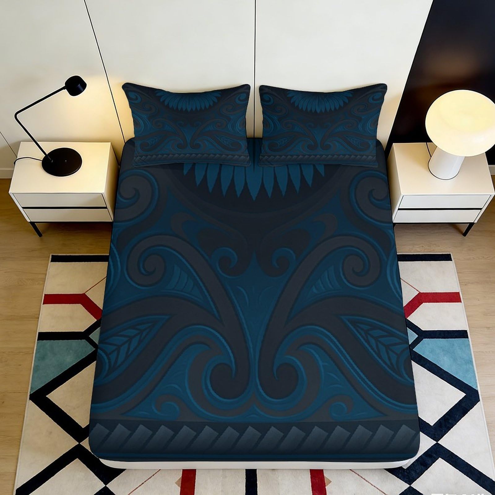 Elegant navy swirl 3D Printed Fitted Sheet, soft touch Microfiber, anti-slip, easy care, home bedroom, apartment bedding décor, dustproof, 118 chars 90x200x25cm