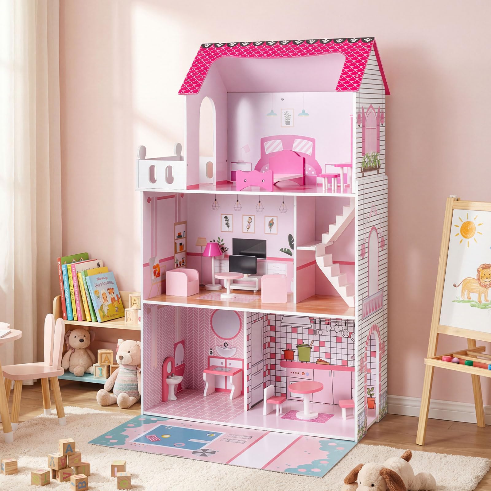 FANTASK Casa de muñecas de Madera de 120,5 cm de Alto, 3 Niveles y 17 Muebles, casa de Juegos para niñas y niños a Partir de 2 años, 73 x 34 x 120,5 cm (Rosa)