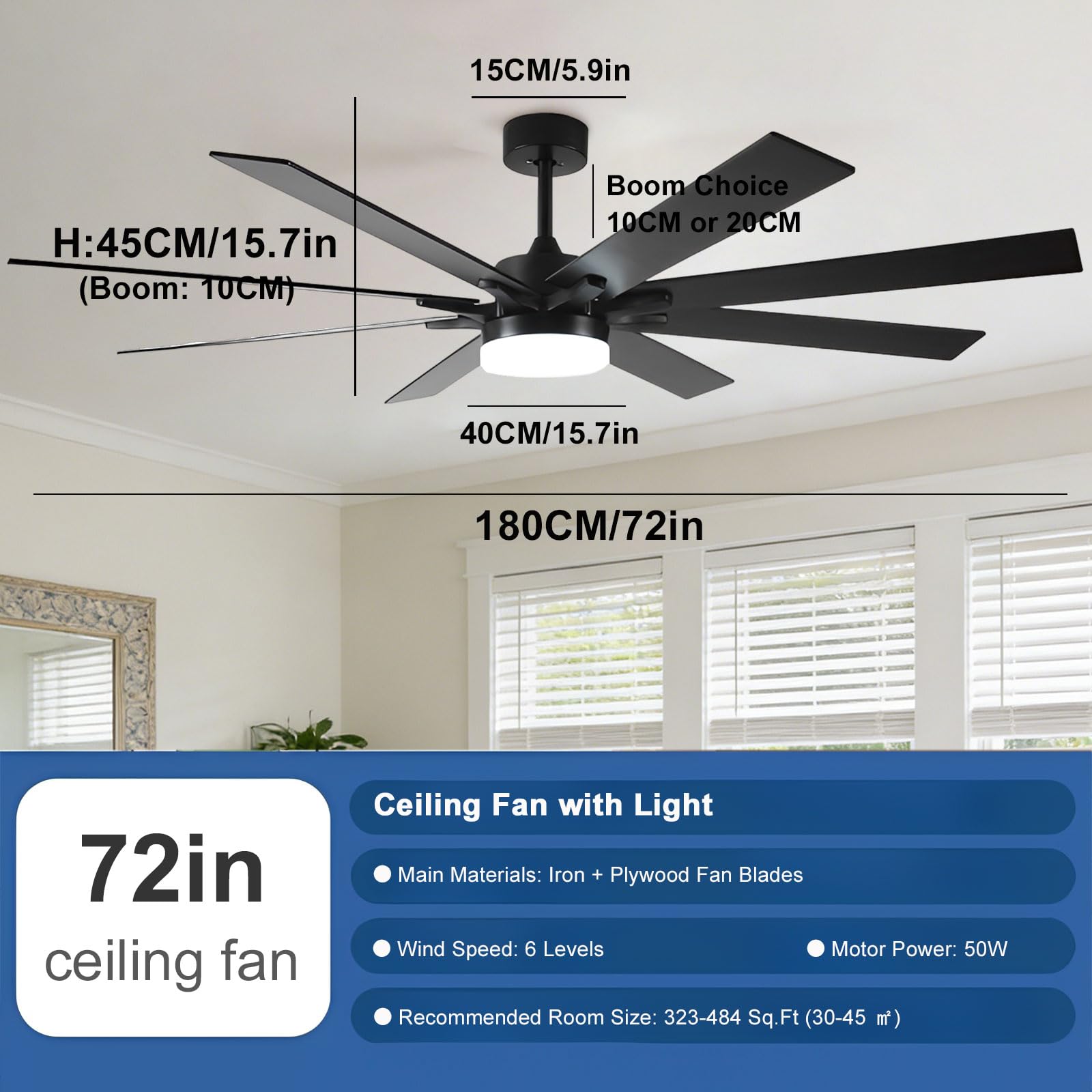 Ventilatore da soffitto Silenzioso per Interni con Luce LED dimmerabile, 72 Pollici, Controllo Intelligente Tramite Telecomando/App/vocale, 6 velocità, Colore Nero Moderno, Ideale