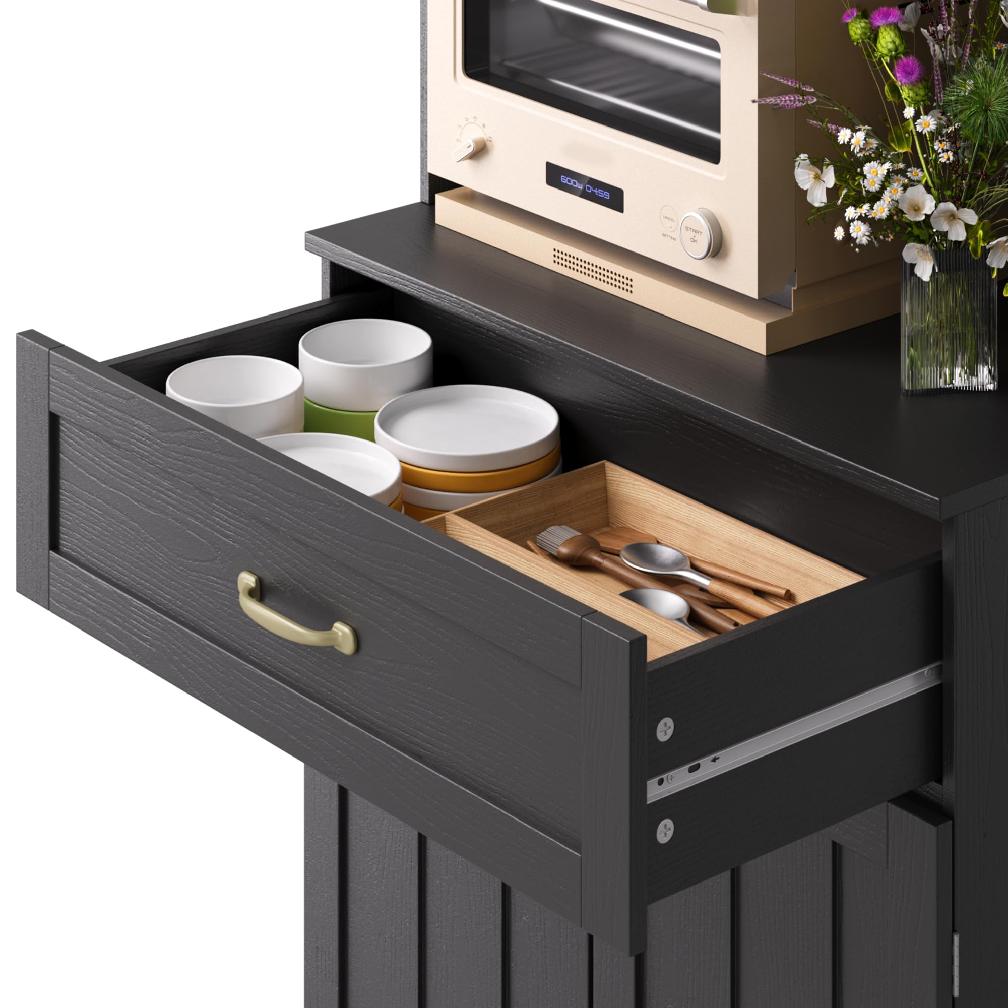 Haute Buffet,Admoire de Cuisine,Sideboard avec Portes en Verre, tiroir, Trou pour câbles et étagères réglables en Hauteur, pour Cuisine et Salle à Manger, 180x73x40 cm,Noir