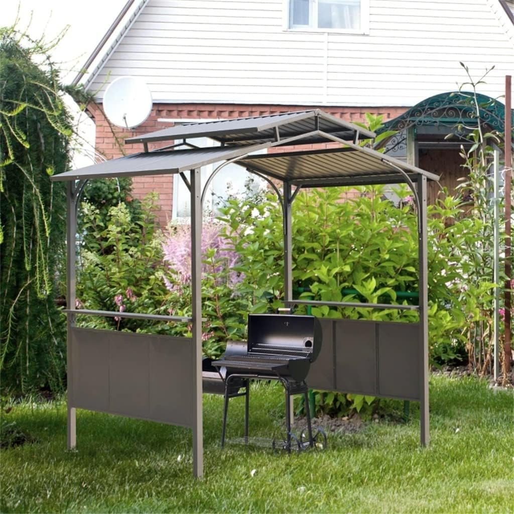 8'x5' BBQ Grill Gazebo with 2 Side Shelves, Outdoor Tiered Interlaced Roof with Steel Frame, Brown