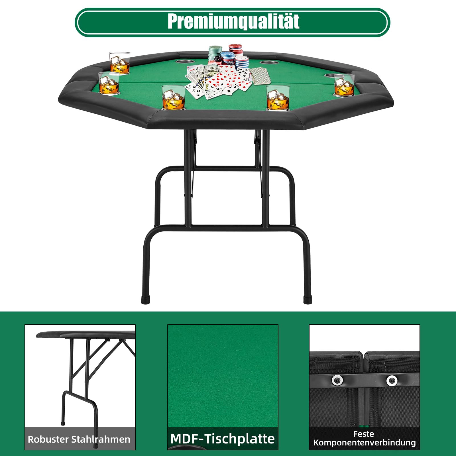 AVAWING Table de poker pliable pour 9 joueurs avec porte-gobelet en acier inoxydable (bleu, petit)