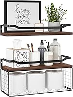 WOPITUES Floating Shelves Over Toilet with Wire Basket & Metal Guardrail - Dark Brown Wood Wall Storage for Bathroom, Bedroom, TP Organizer