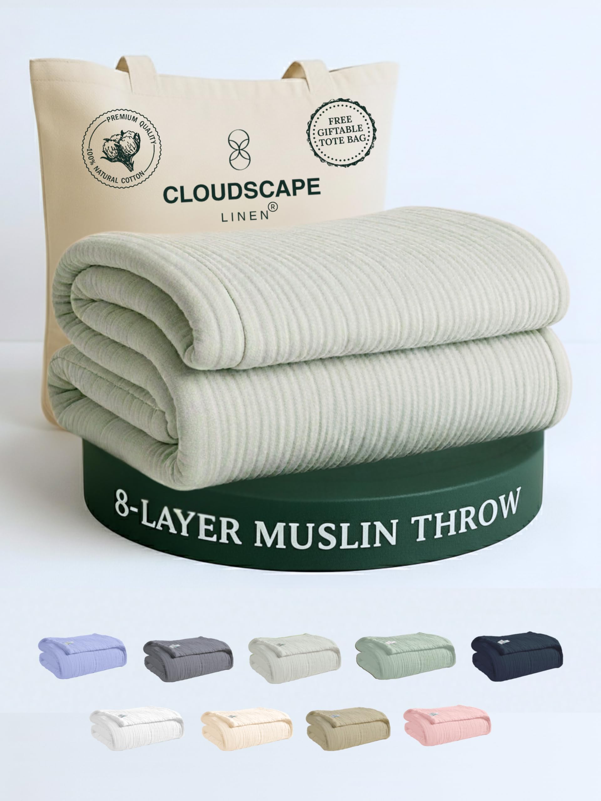 Cloud Scape Linen 8 Layer Muslin Throw Blanket - 100% Cotton, Super Soft 50"x70" Size, Couch, Sofa, Bed Throw - All Season Gifting Light Weight Breathable Gauze Layering Blanket for Adults - Seafoam