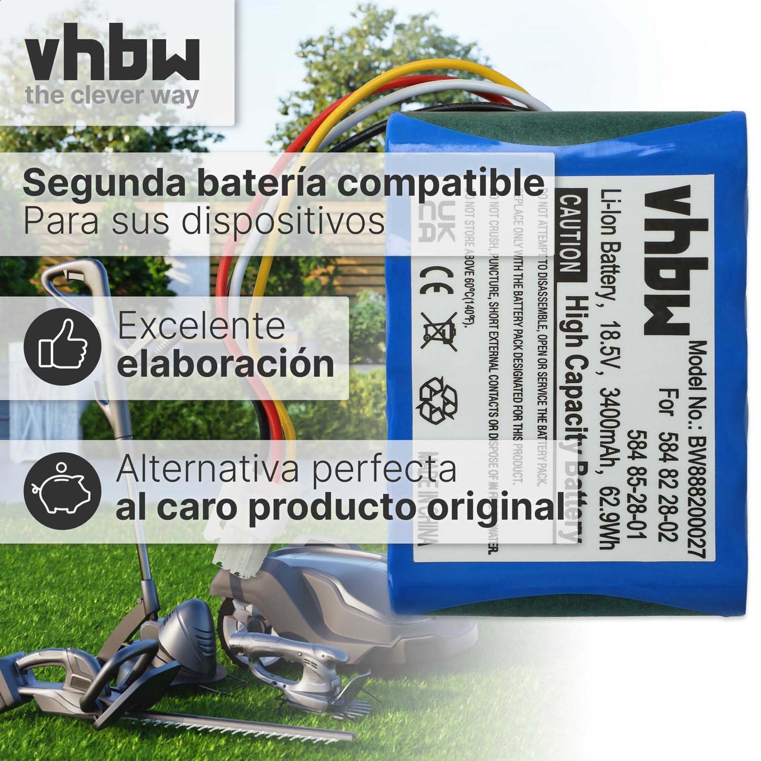 vhbw Batería Compatible con Gardena Sileno - R100Li, Sileno - R100LiC, Sileno City 250 15001 cortacésped 3400mAh 18,5V Li-Ion