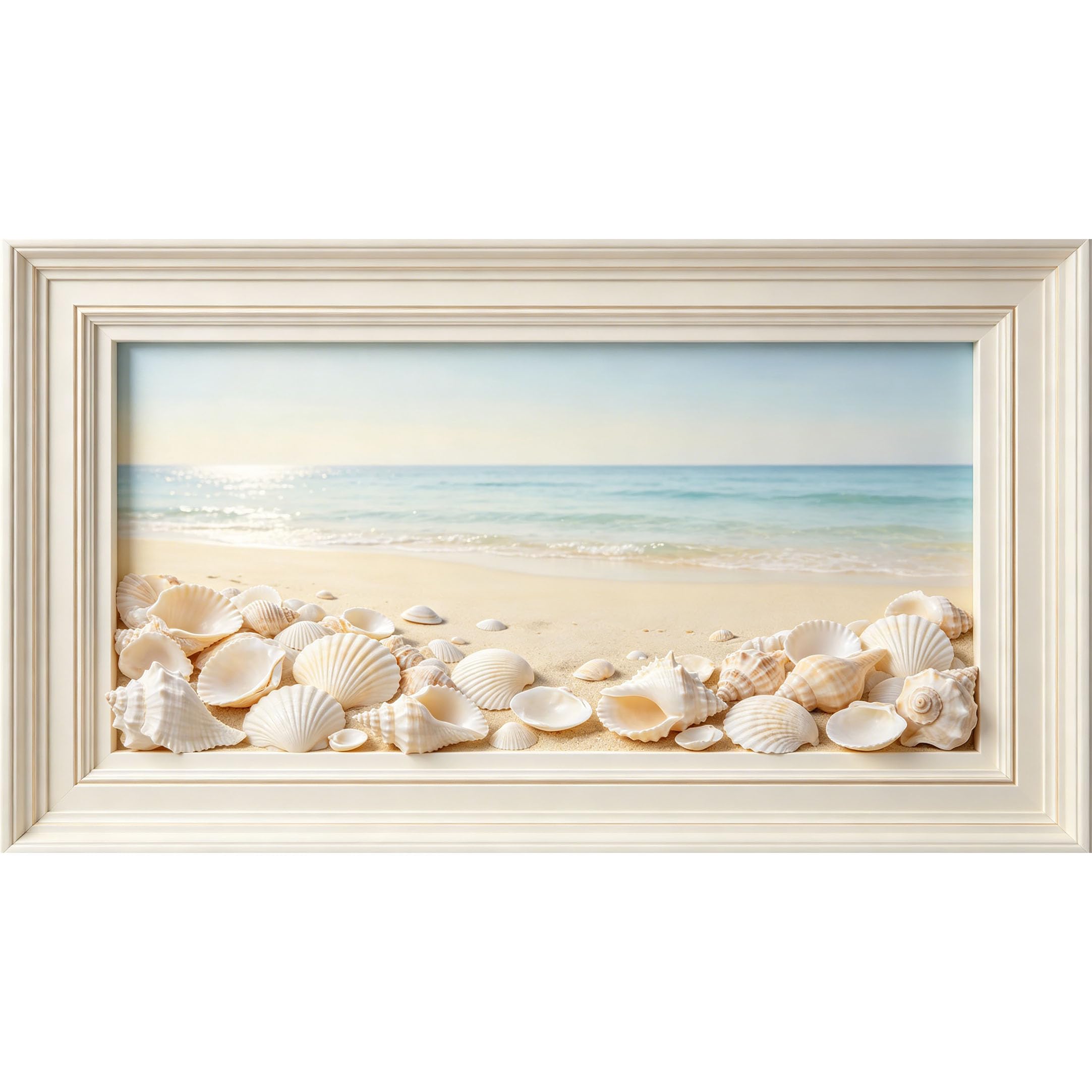 QZLITHOTIC 50×90cm3D Framed Wall Art， Coastal Ocean Marine Seashell Beach Scenery Self?Adhesive Mural， Water?Activated Peel & Stick Fabric Decor Wall Decal for Bedroom Living Room