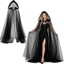 ONEUPIN Black Sheer Tulle Cape with Hood, 3-Layer Sheer Cloak, Witch Cape for Halloween Cosplay, Gothic Ghost Costume, Long Mesh Black Cape for Halloween Costume Cosplay Party Dress Up