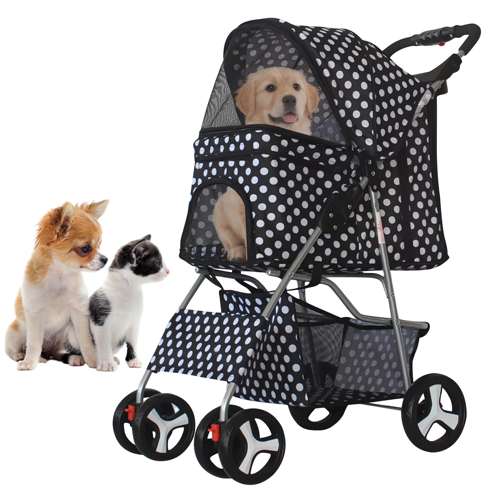 4-Wheel Foldable Pet Stroller for Dogs & Cats - Lightweight Travel Carrier with Cup Holder, Storage Basket & Smooth Ride - Perfect for Walks, Vet