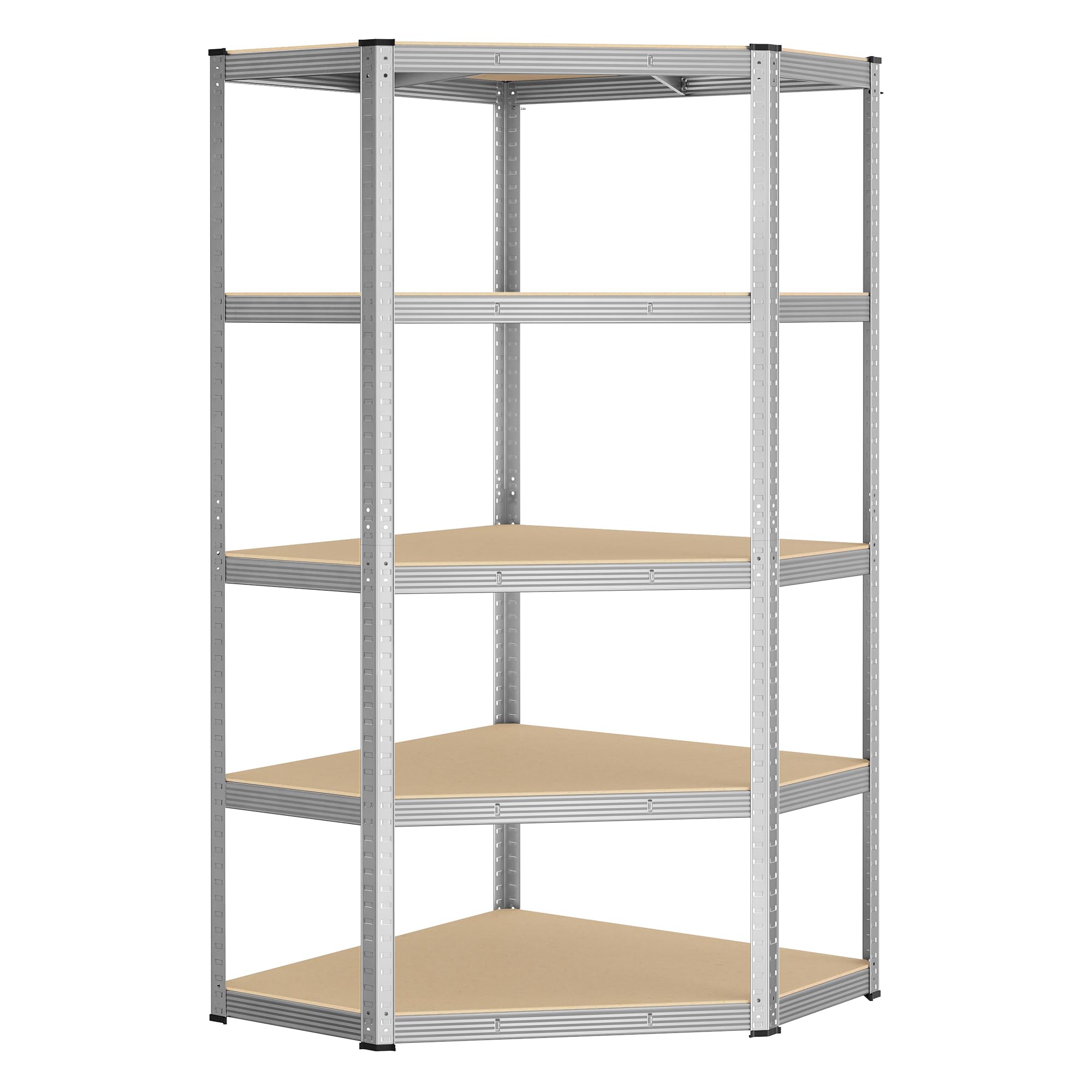 SONGMICS Étagères d’Angle à 5 Niveaux, Étagères de Rangement en Acier, Charge Lourde, Garage, Entrepôt, Capacité de Charge 875 kg, Argent et Beige Naturel GLR080E01