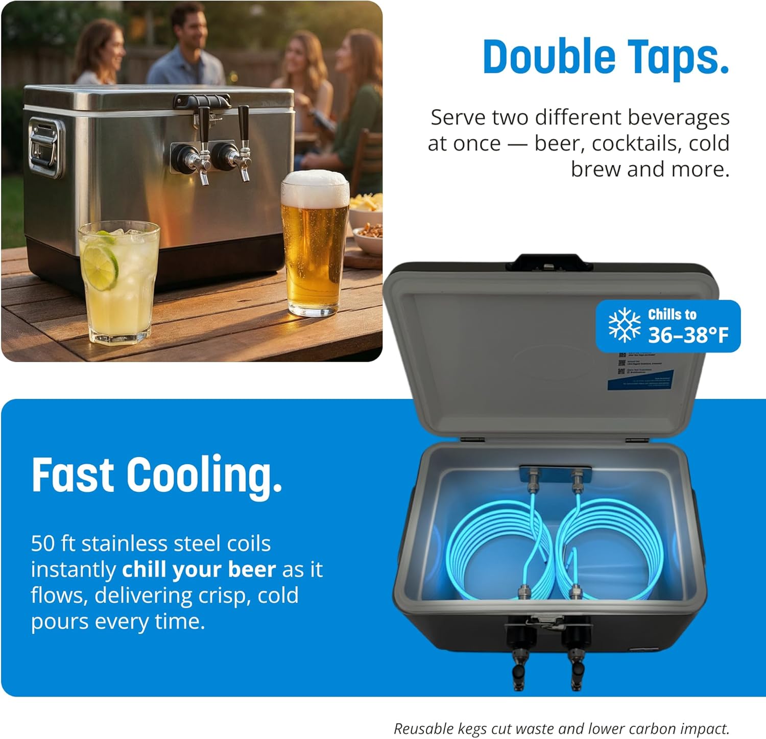 Coldbreak 2-Tap Jockey Box, 54 Quart Cooler with 50' Stainless Steel Coils, Front Input for Clean Setup, Heavy Duty Beverage-Grade Construction, Ideal for Keg Service, Made in USA (Silver)