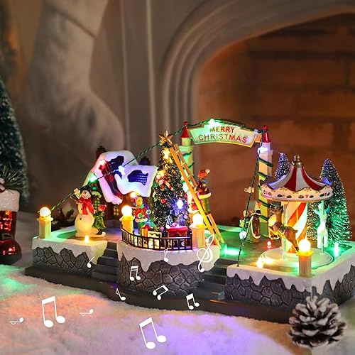Miniatura 15 de Casa de pueblo de Navidad, edificios coleccionables musicales de Navidad, rotación de tren de hoguera con luces LED, aldea de vacaciones con USB